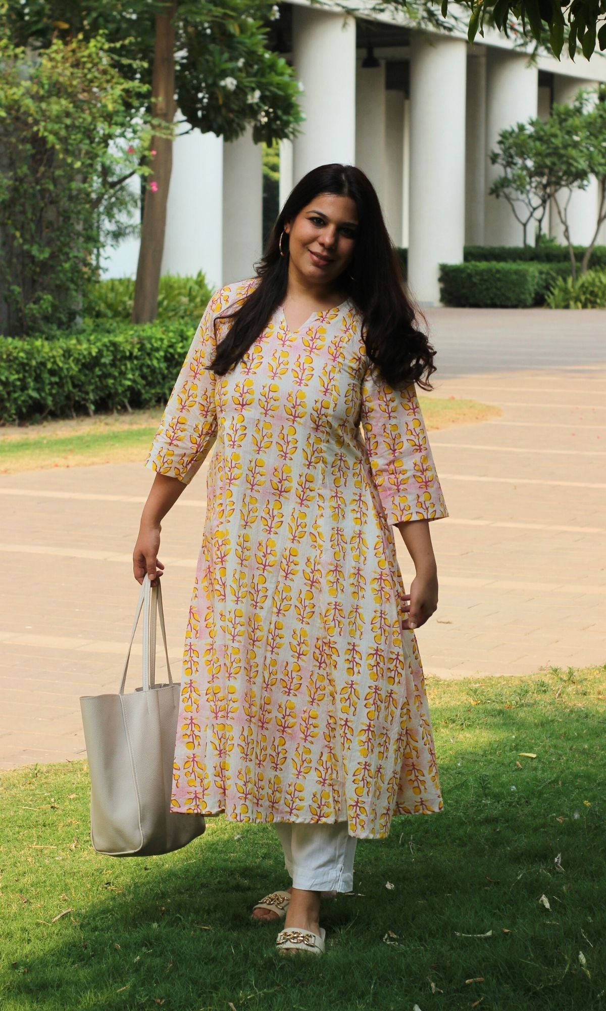Cotton Gradient Yellow and Pink Printed Kali Kurta