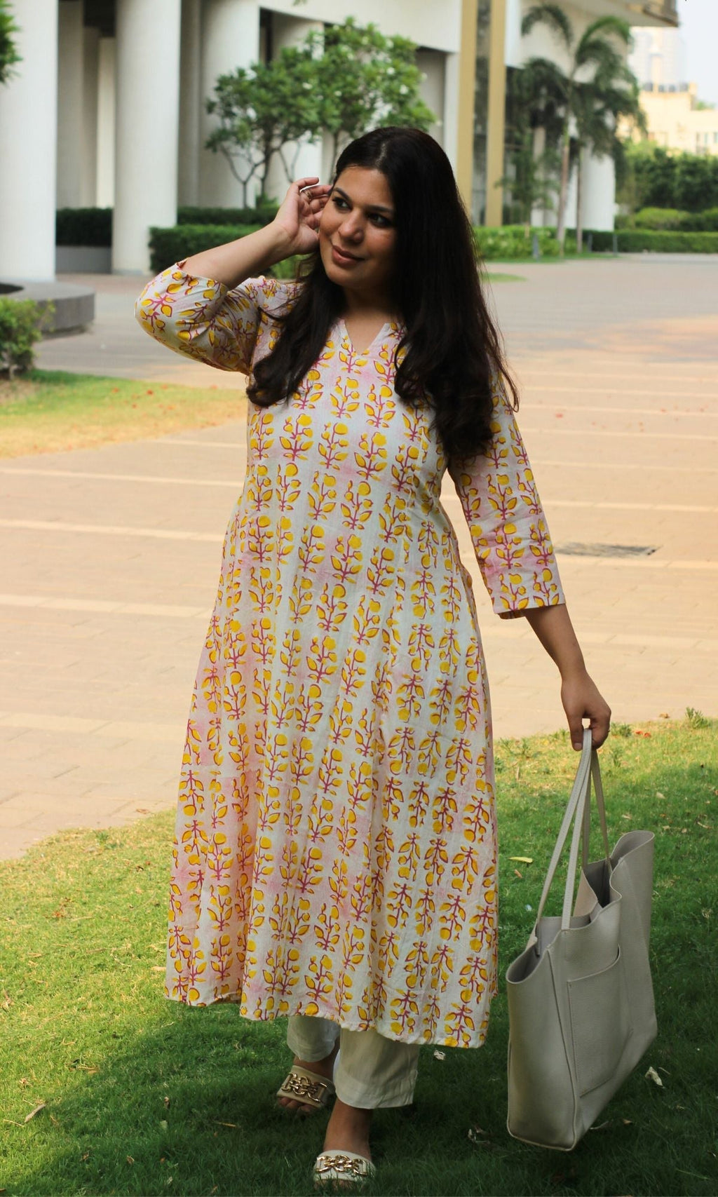 Cotton Gradient Yellow and Pink Printed Kali Kurta