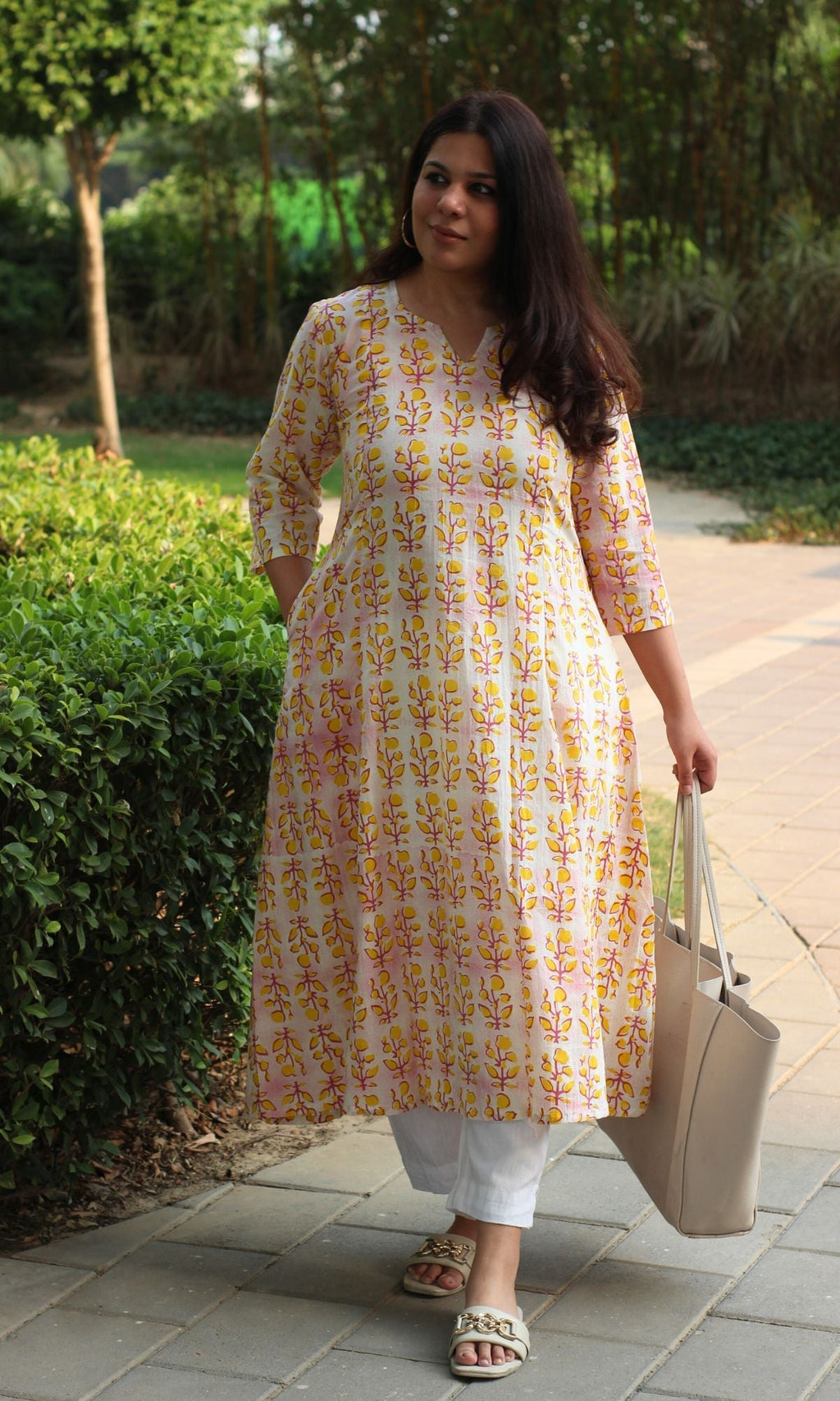 Cotton Gradient Yellow and Pink Printed Kali Kurta