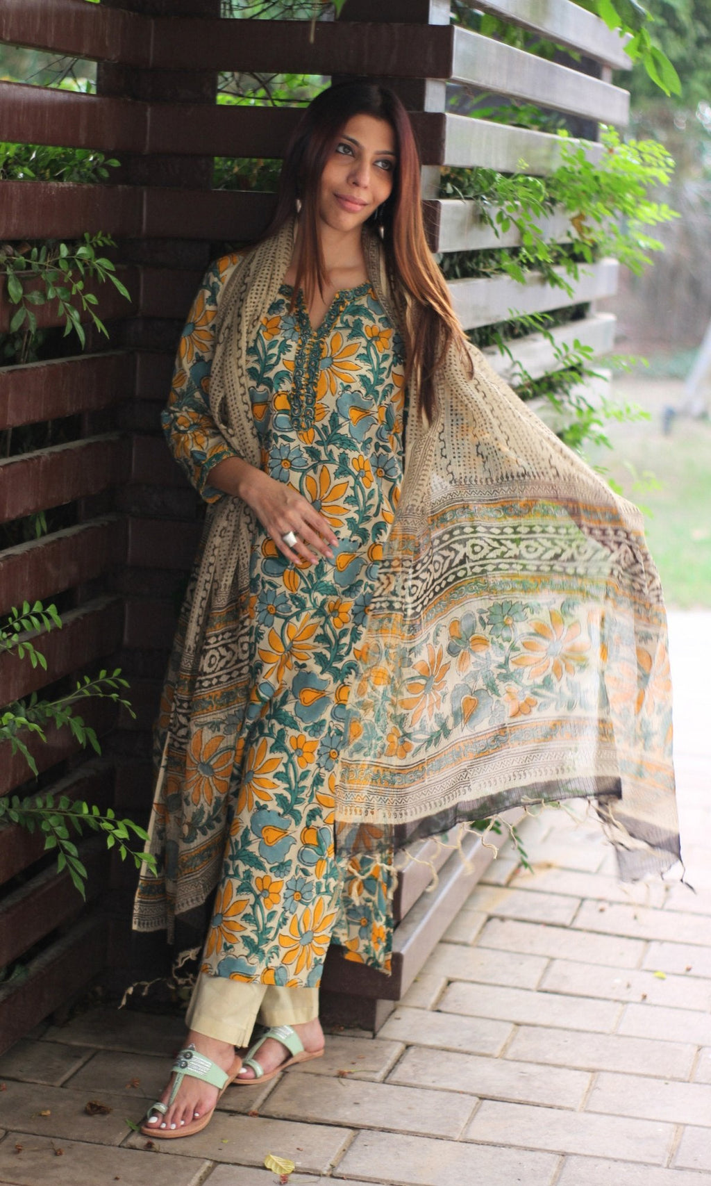 Cotton Green & Yellow Kalamkari Handblock Suit with Printed Dupatta