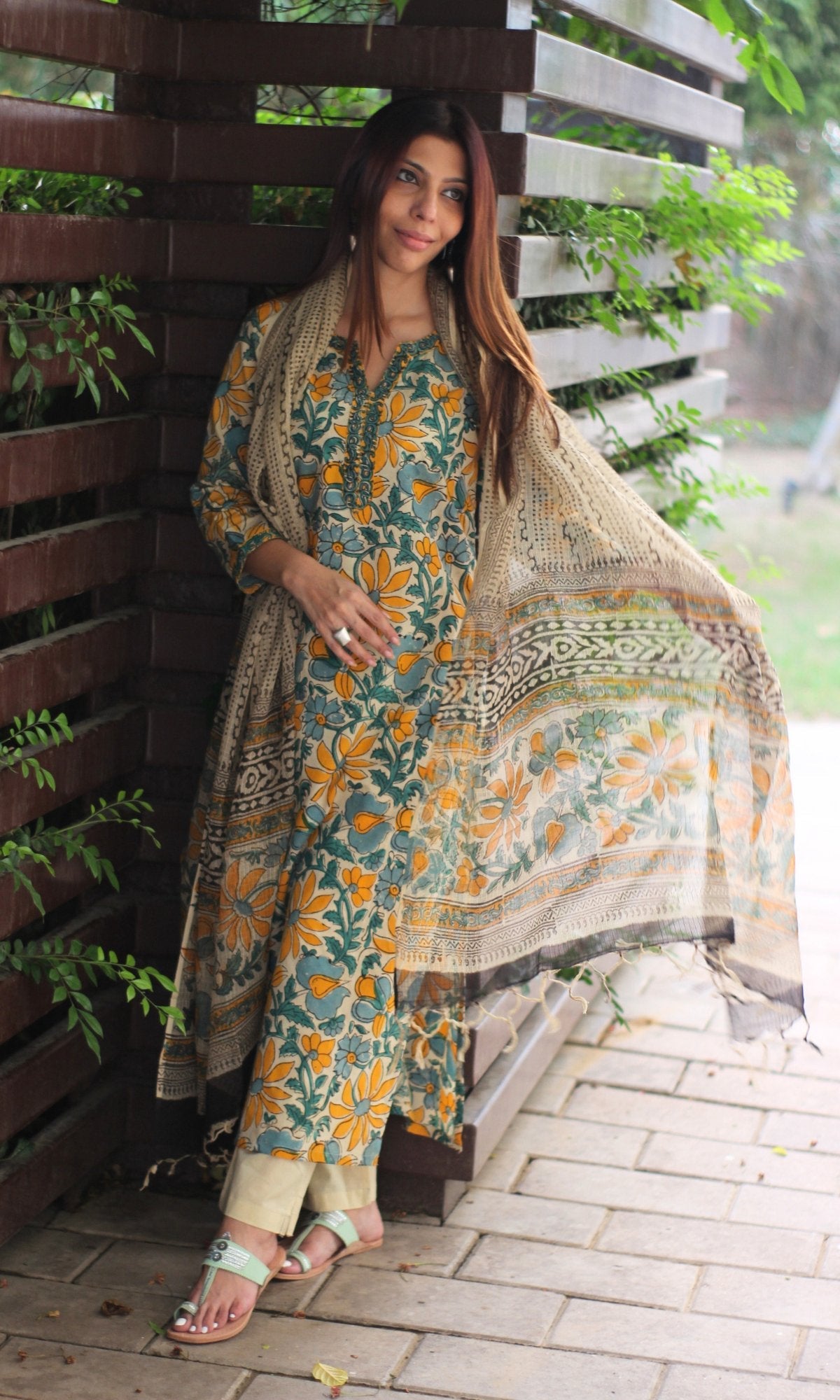Cotton Green & Yellow Kalamkari Handblock Suit with Printed Dupatta