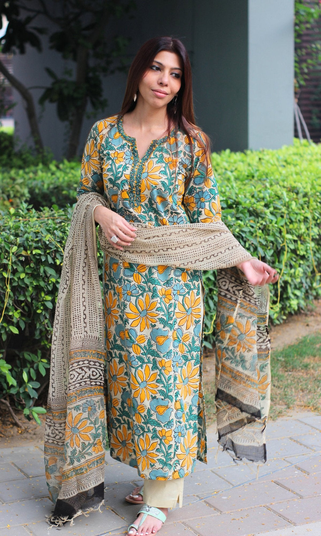 Cotton Green & Yellow Kalamkari Handblock Suit with Printed Dupatta