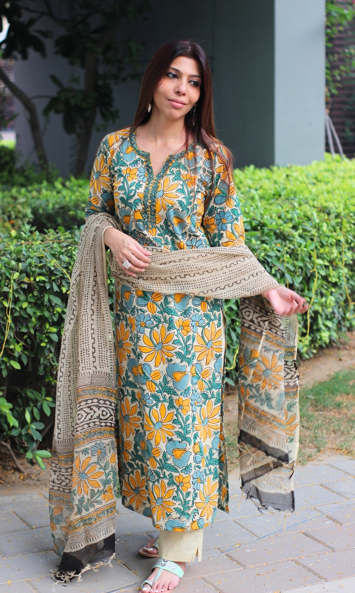 Cotton Green & Yellow Kalamkari Handblock Suit with Printed Dupatta