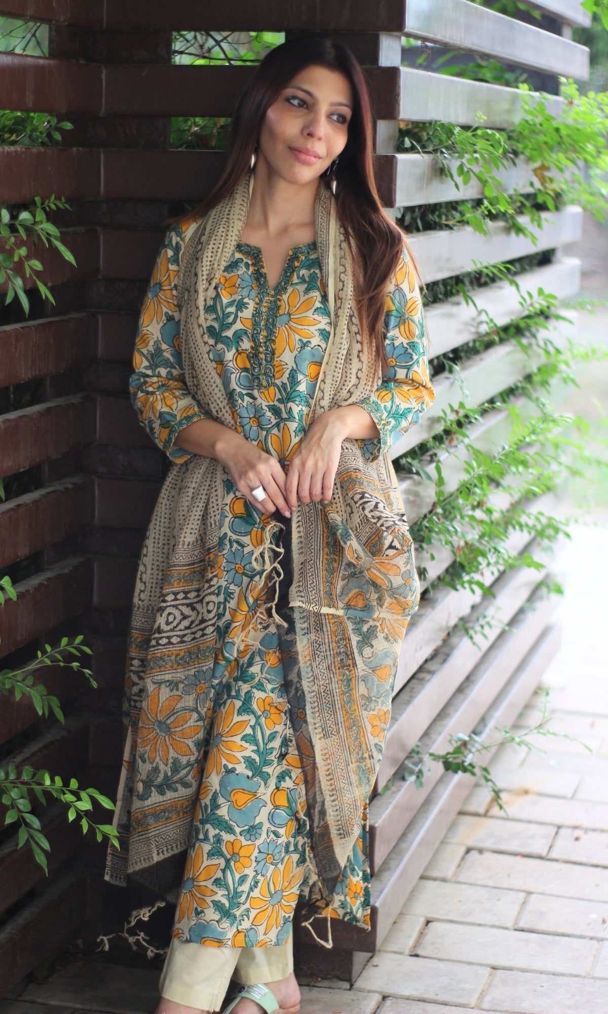 Cotton Green & Yellow Kalamkari Handblock Suit with Printed Dupatta