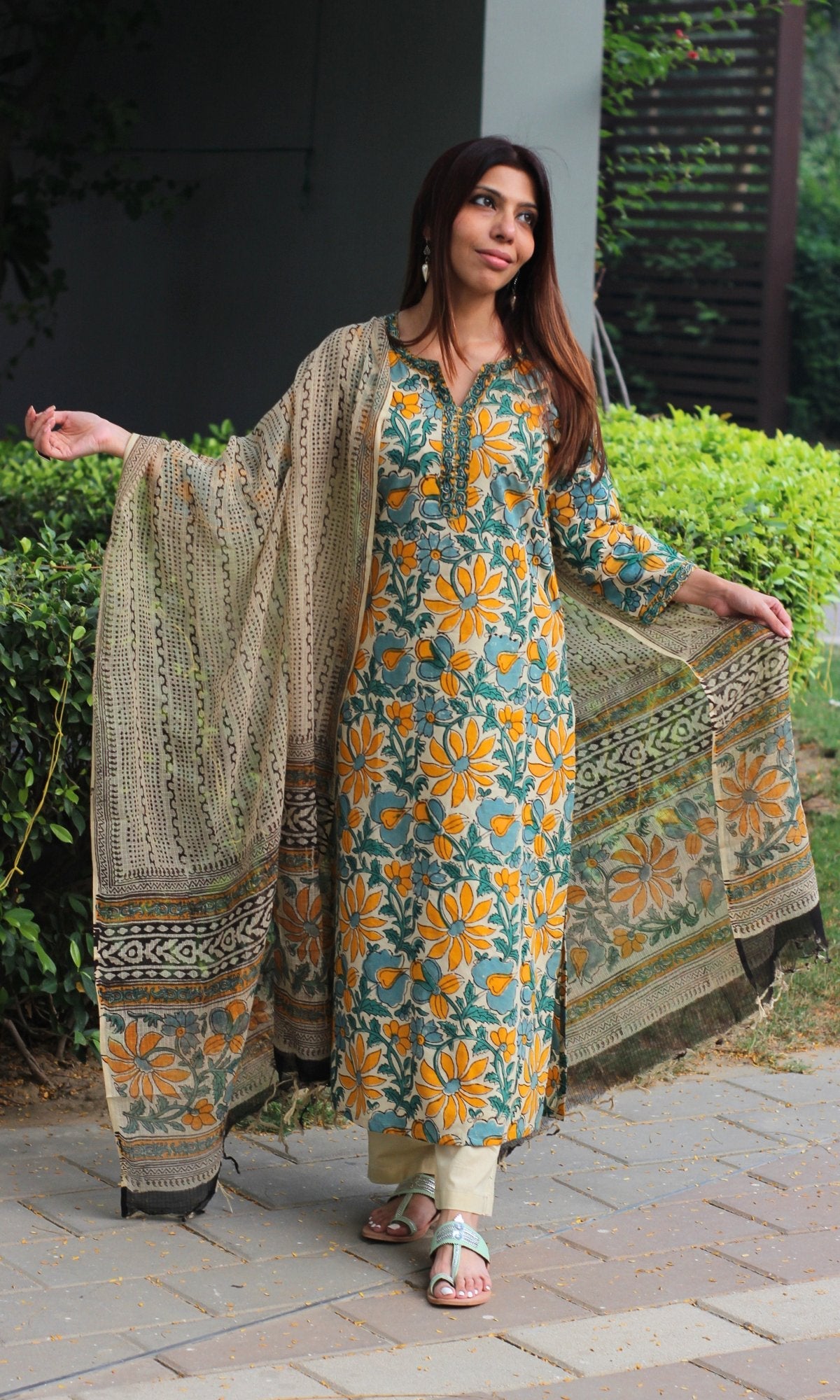 Cotton Green & Yellow Kalamkari Handblock Suit with Printed Dupatta