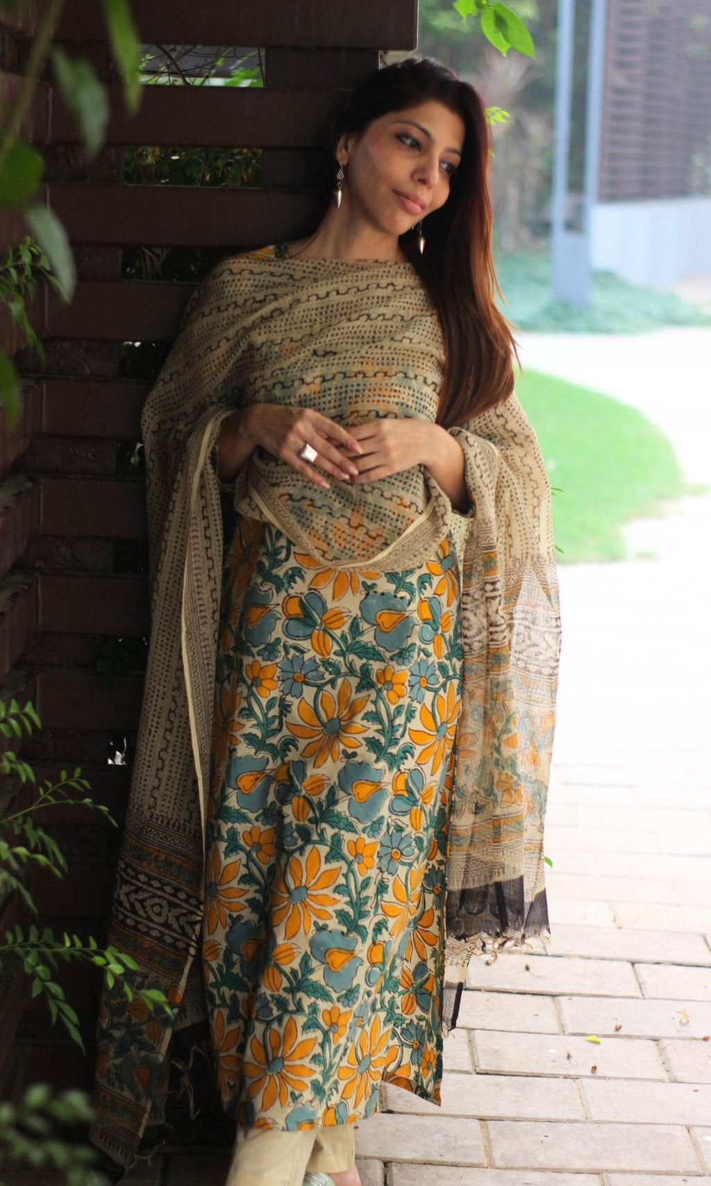 Cotton Green & Yellow Kalamkari Handblock Suit with Printed Dupatta