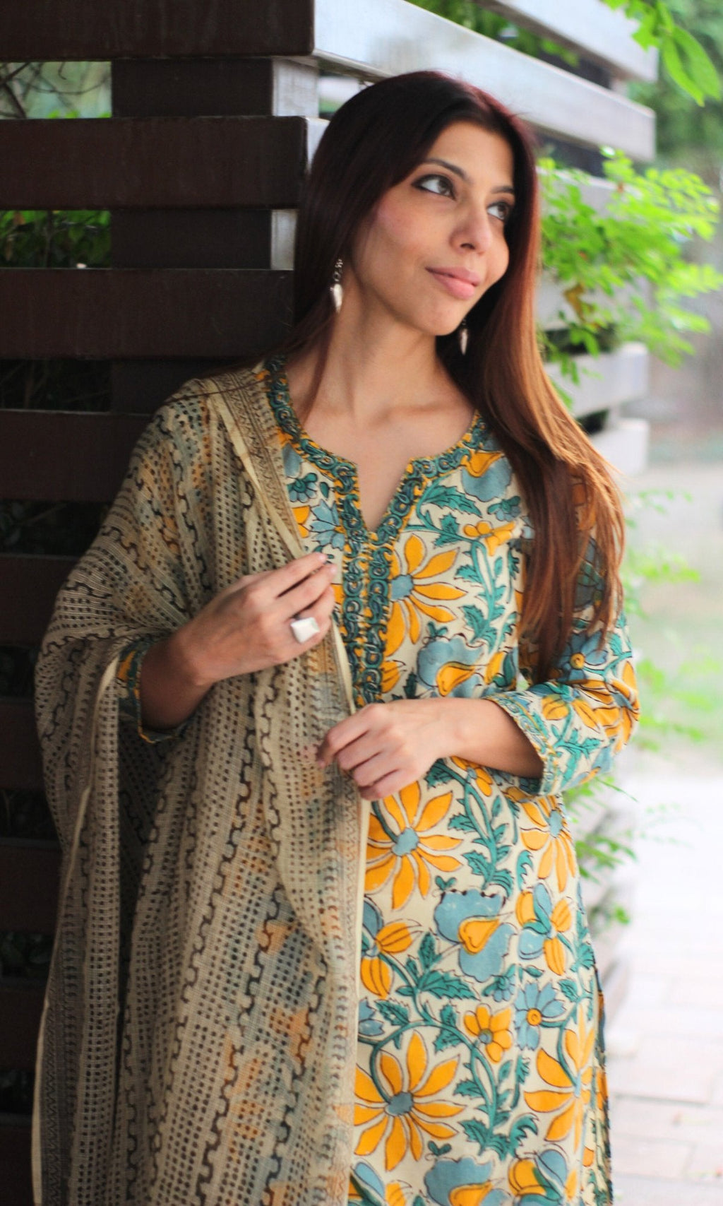 Cotton Green & Yellow Kalamkari Handblock Suit with Printed Dupatta