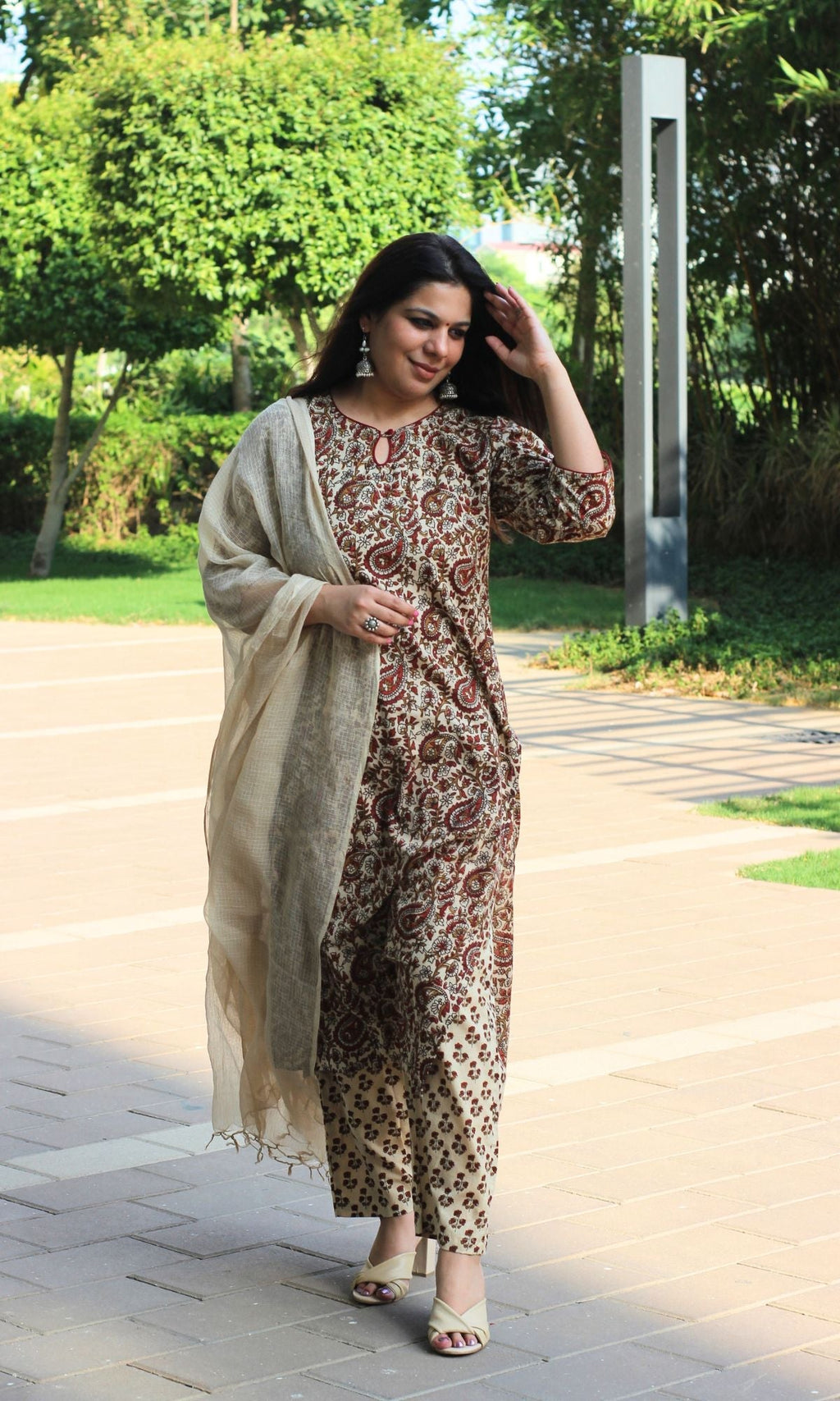 Cotton Handblock Beige Bagru Kalamkari Suit Set with Kota Doria Dupatta