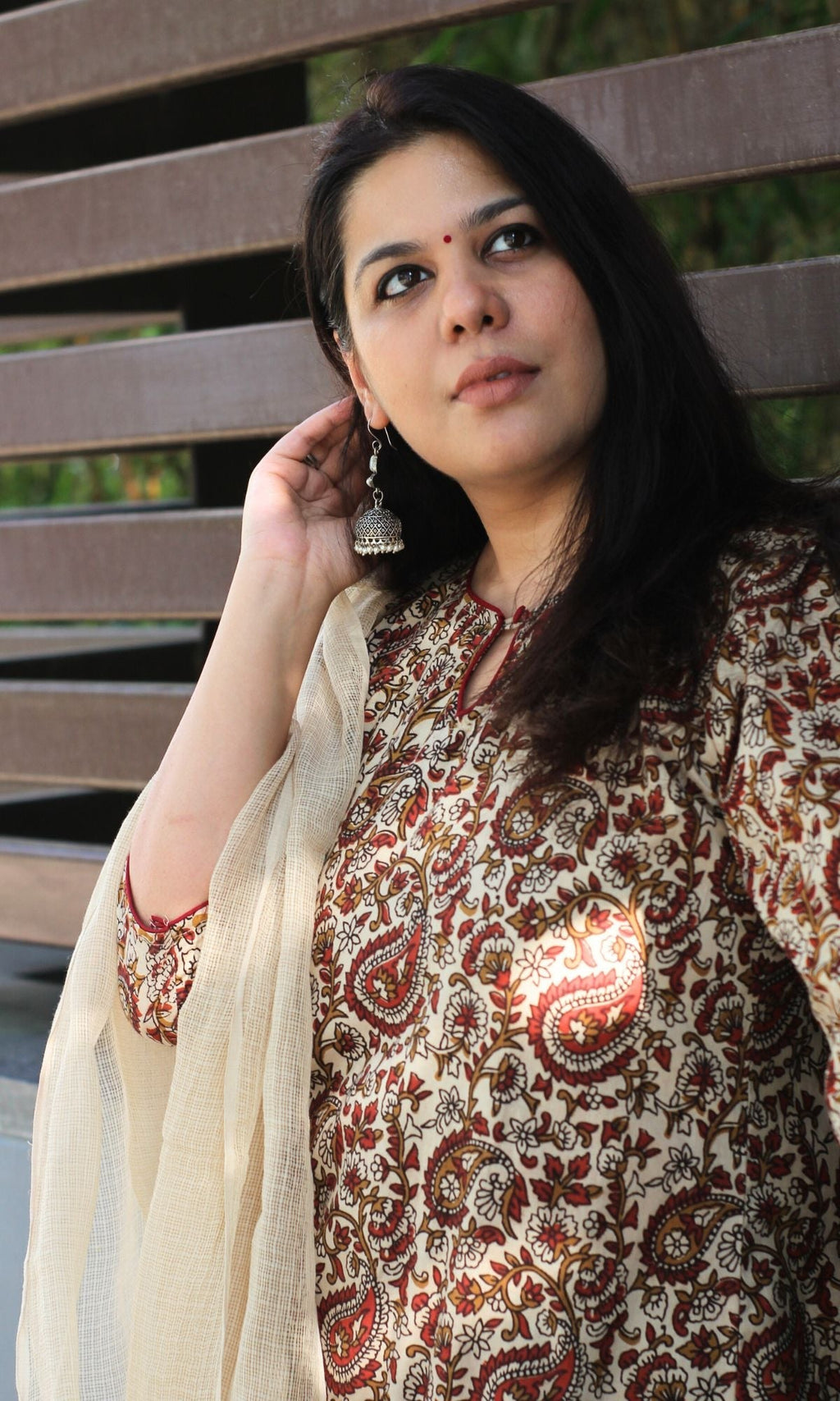Cotton Handblock Beige Bagru Kalamkari Suit Set with Kota Doria Dupatta
