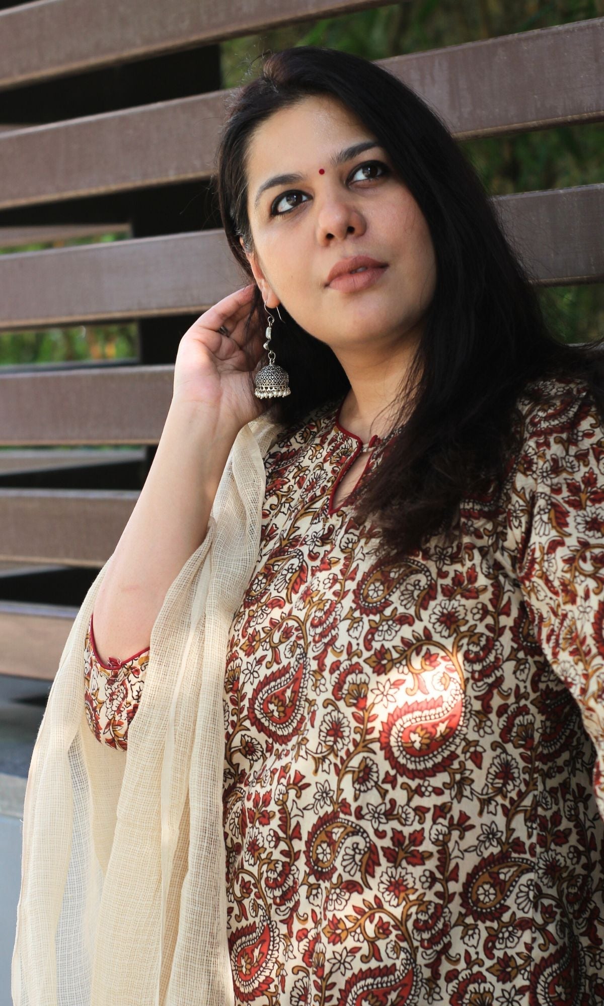 Cotton Handblock Beige Bagru Kalamkari Suit Set with Kota Doria Dupatta