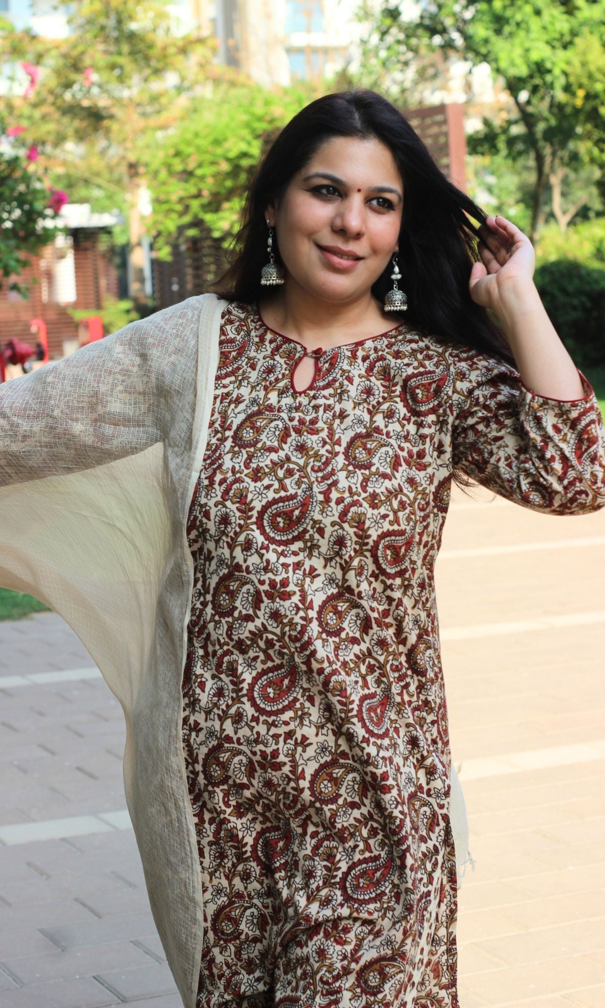 Cotton Handblock Beige Bagru Kalamkari Suit Set with Kota Doria Dupatta