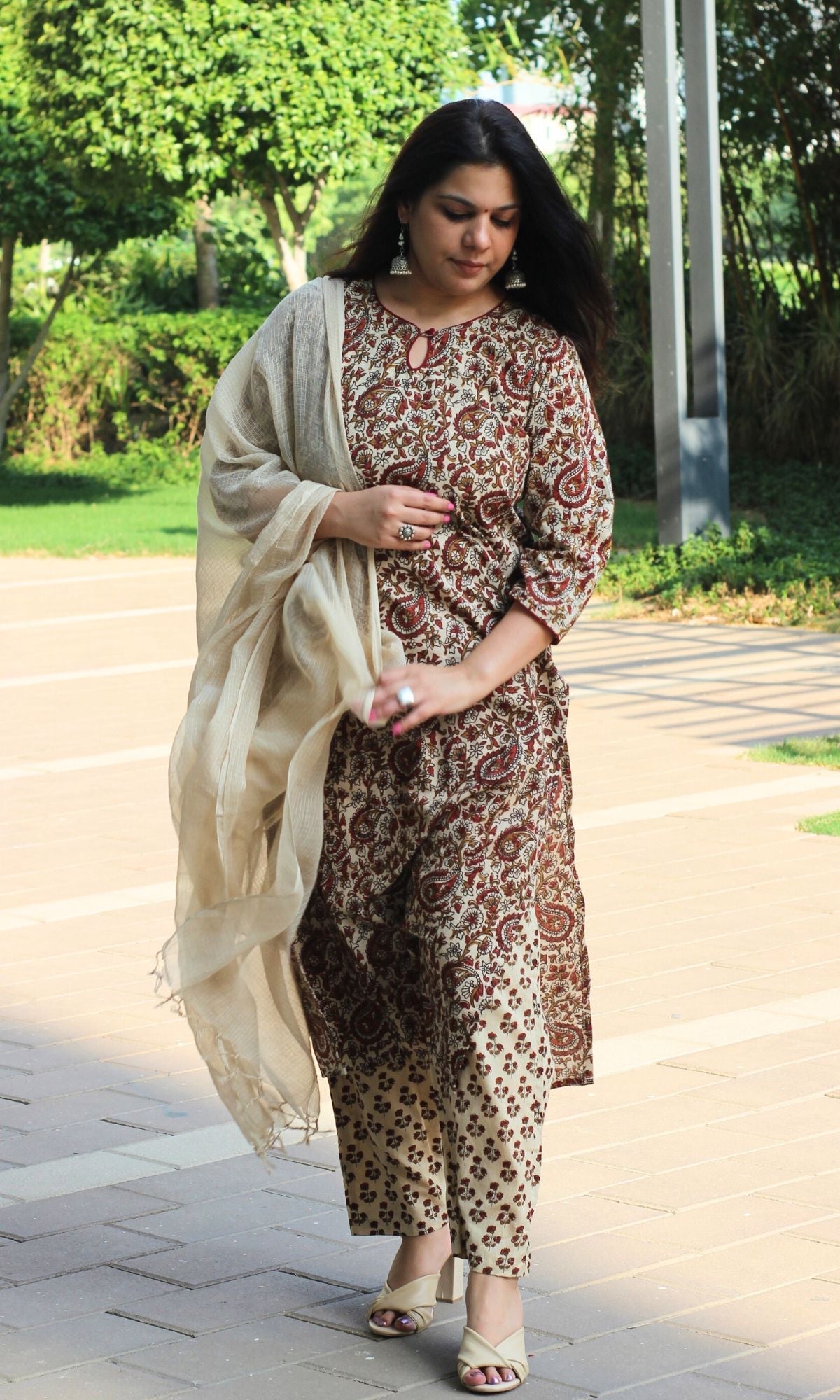 Cotton Handblock Beige Bagru Kalamkari Suit Set with Kota Doria Dupatta