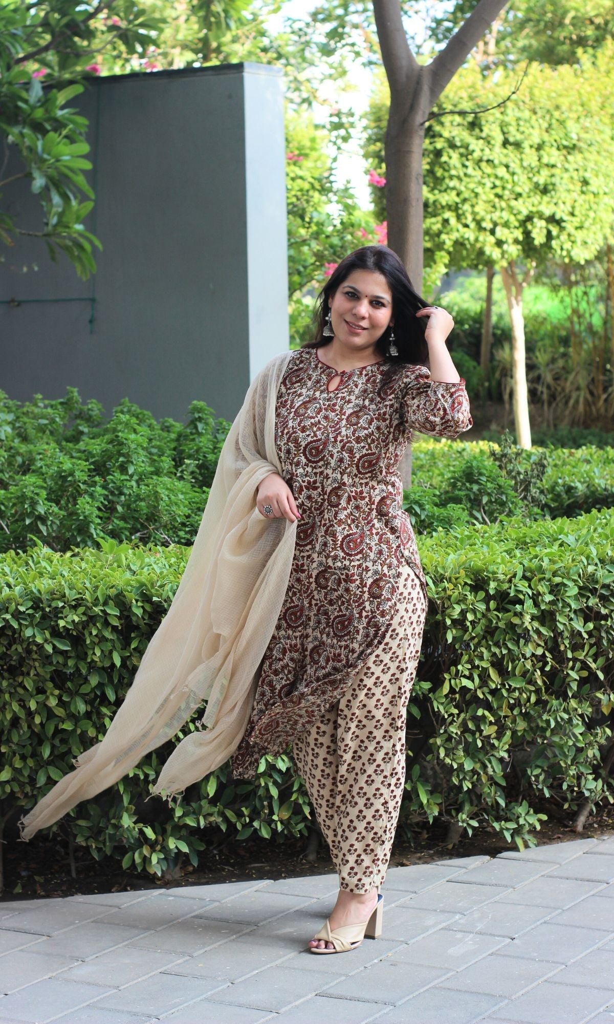 Cotton Handblock Beige Bagru Kalamkari Suit Set with Kota Doria Dupatta
