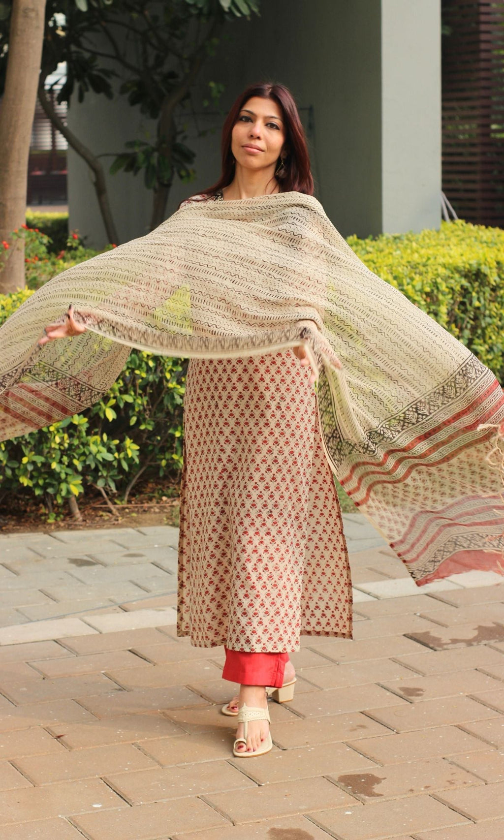 Cotton Handblock Beige & Red Booti Suit with Kota Doria Handblock Printed Dupatta