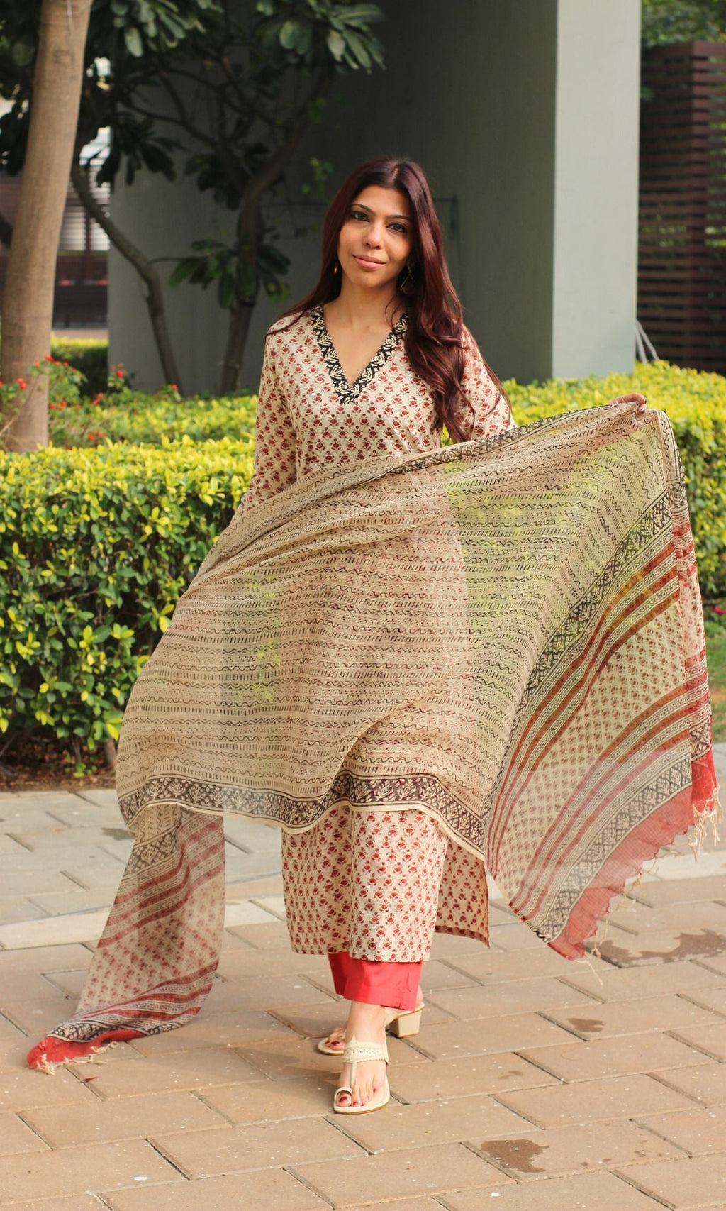Cotton Handblock Beige & Red Booti Suit with Kota Doria Handblock Printed Dupatta
