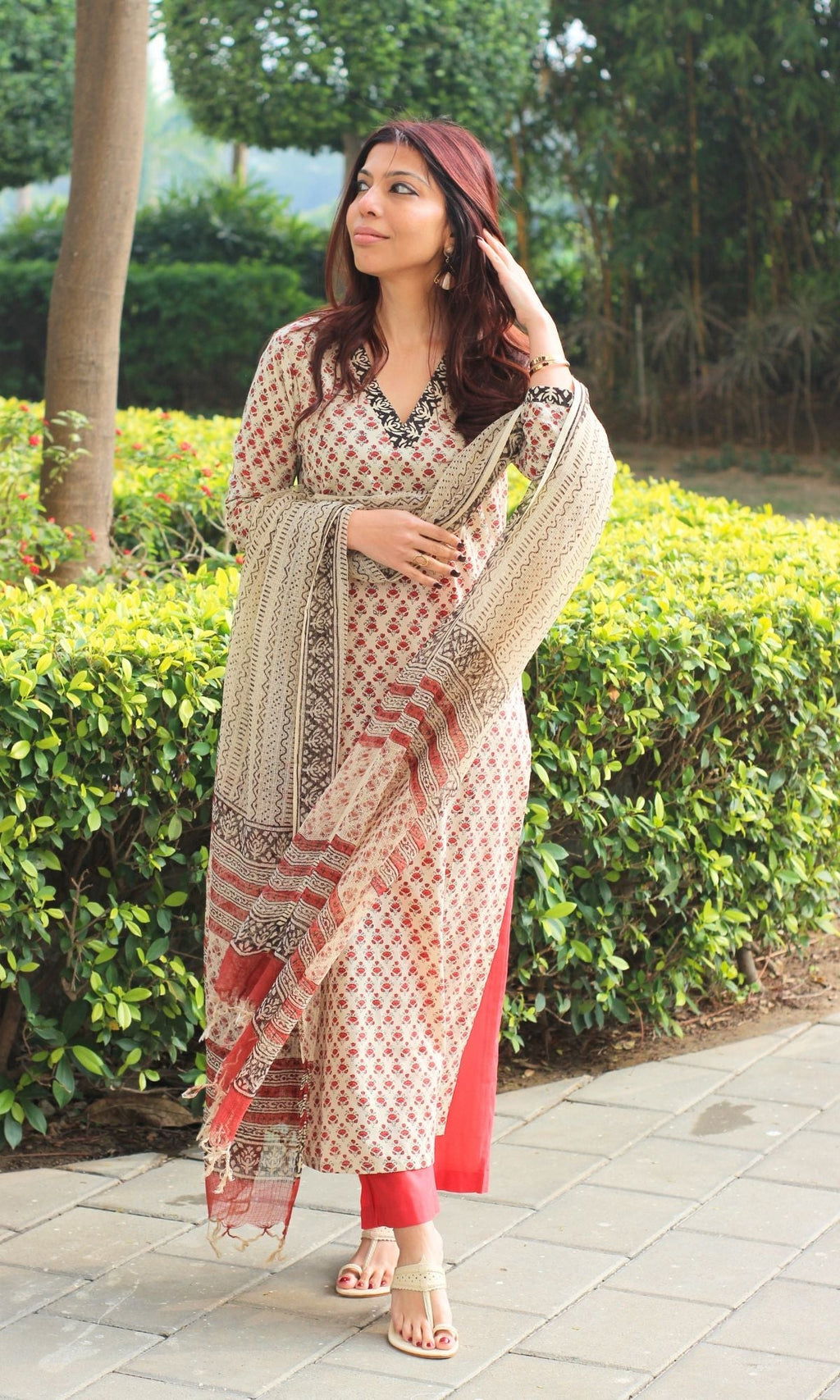 Cotton Handblock Beige & Red Booti Suit with Kota Doria Handblock Printed Dupatta