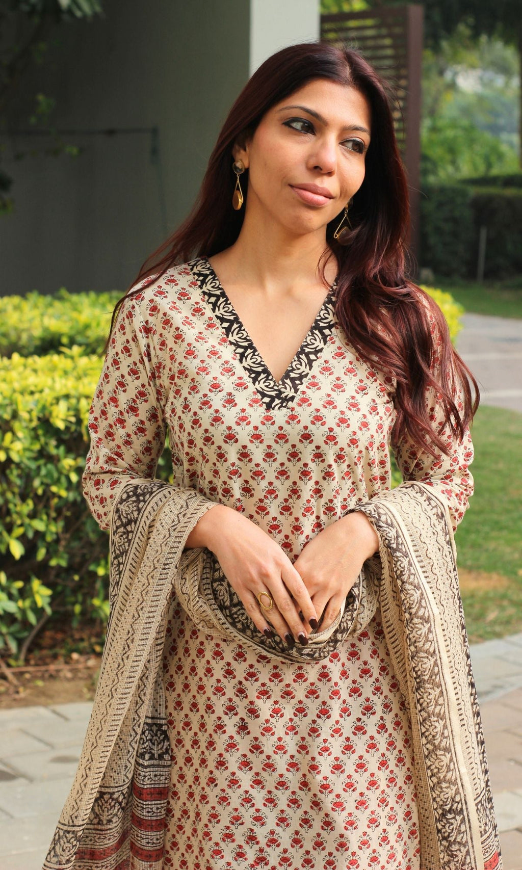Cotton Handblock Beige & Red Booti Suit with Kota Doria Handblock Printed Dupatta