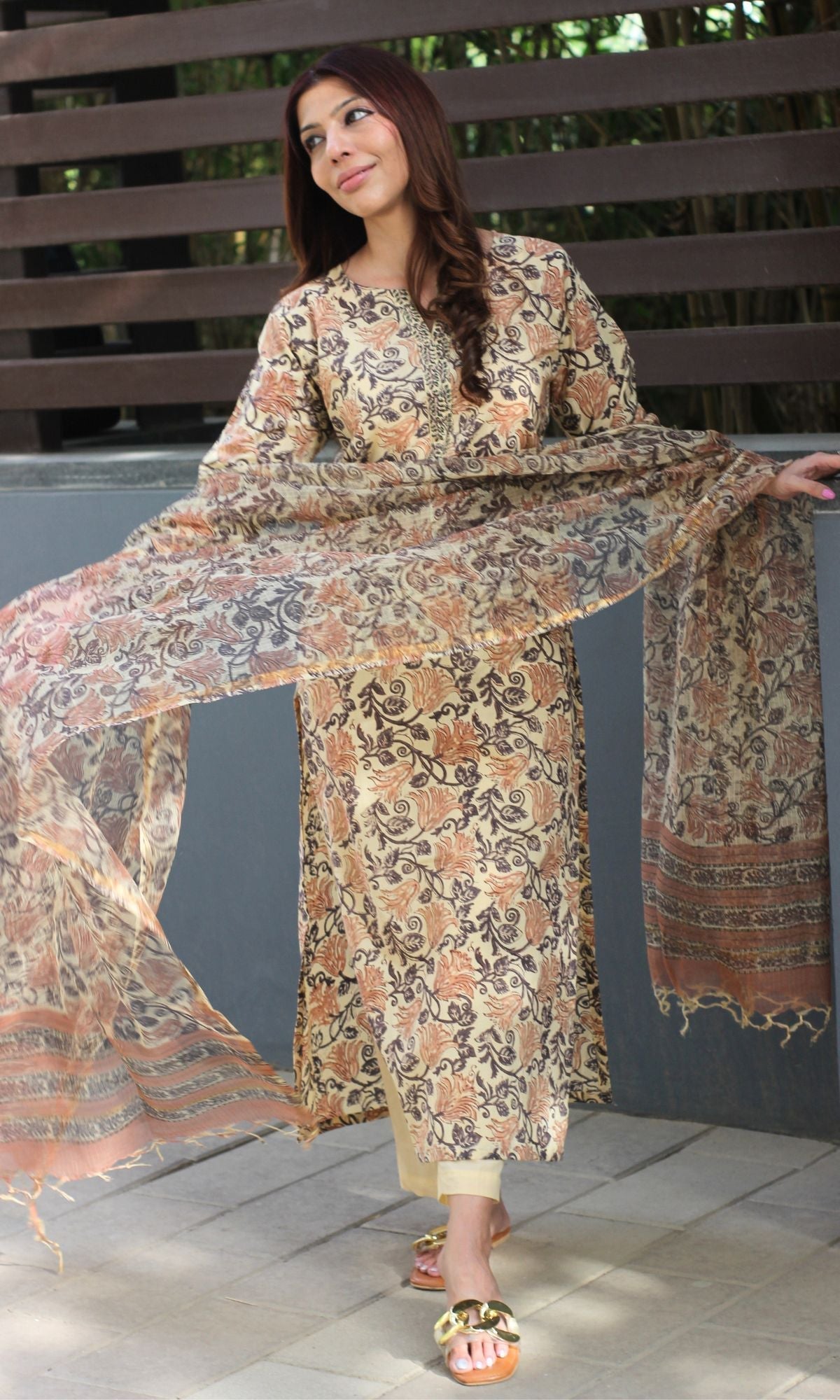 Cotton Handblock Classic Beige Suit Set with Kota Doria Handblock Dupatta