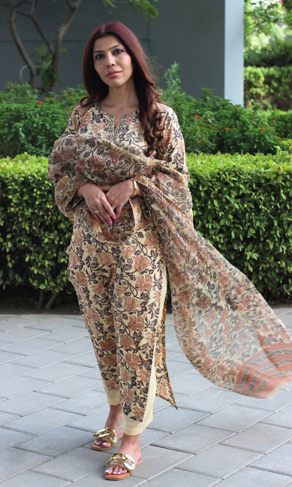 Cotton Handblock Classic Beige Suit Set with Kota Doria Handblock Dupatta