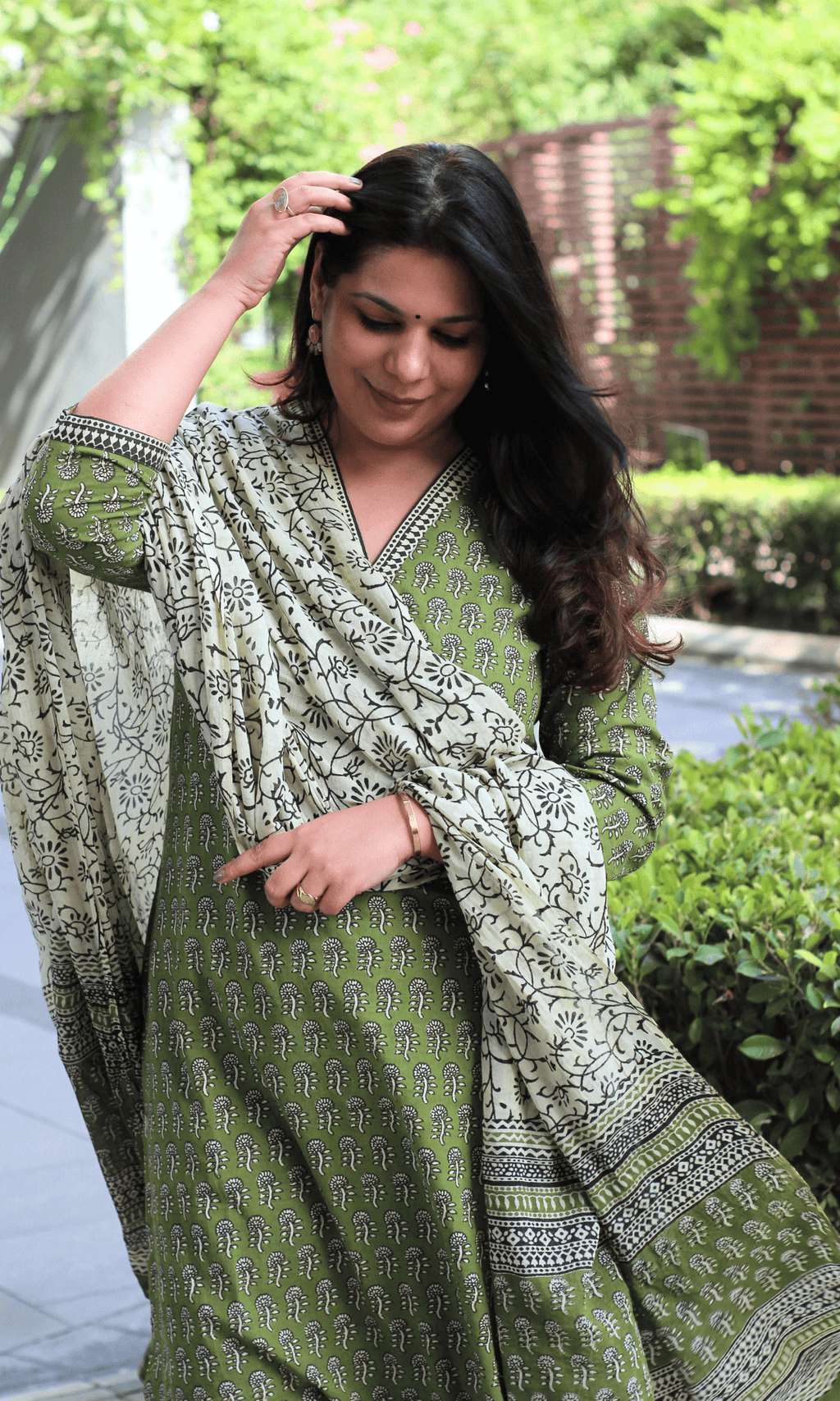 Cotton Handblock Earthy Sage Suit with Mul Printed Dupatta