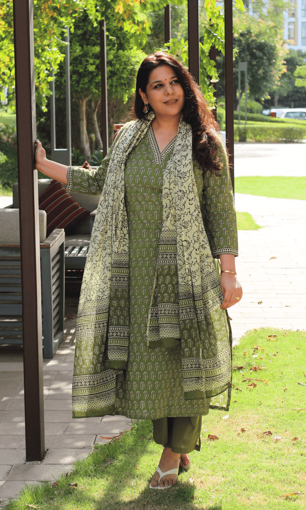 Cotton Handblock Earthy Sage Suit with Mul Printed Dupatta