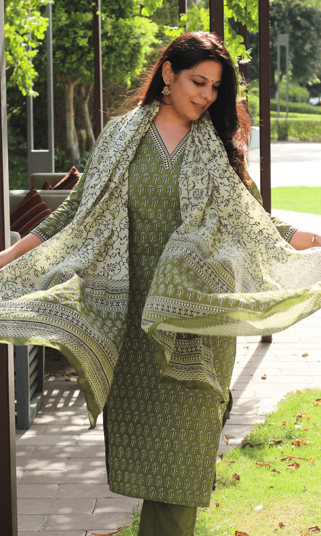 Cotton Handblock Earthy Sage Suit with Mul Printed Dupatta