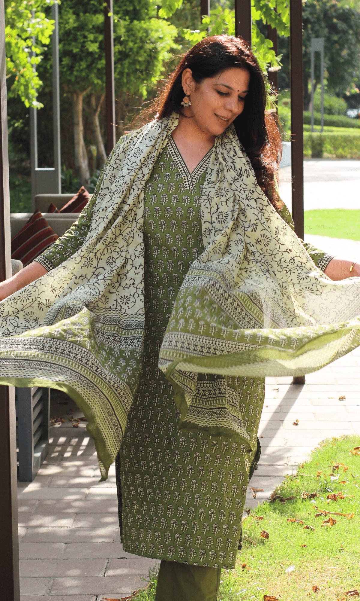 Cotton Handblock Earthy Sage Suit with Mul Printed Dupatta