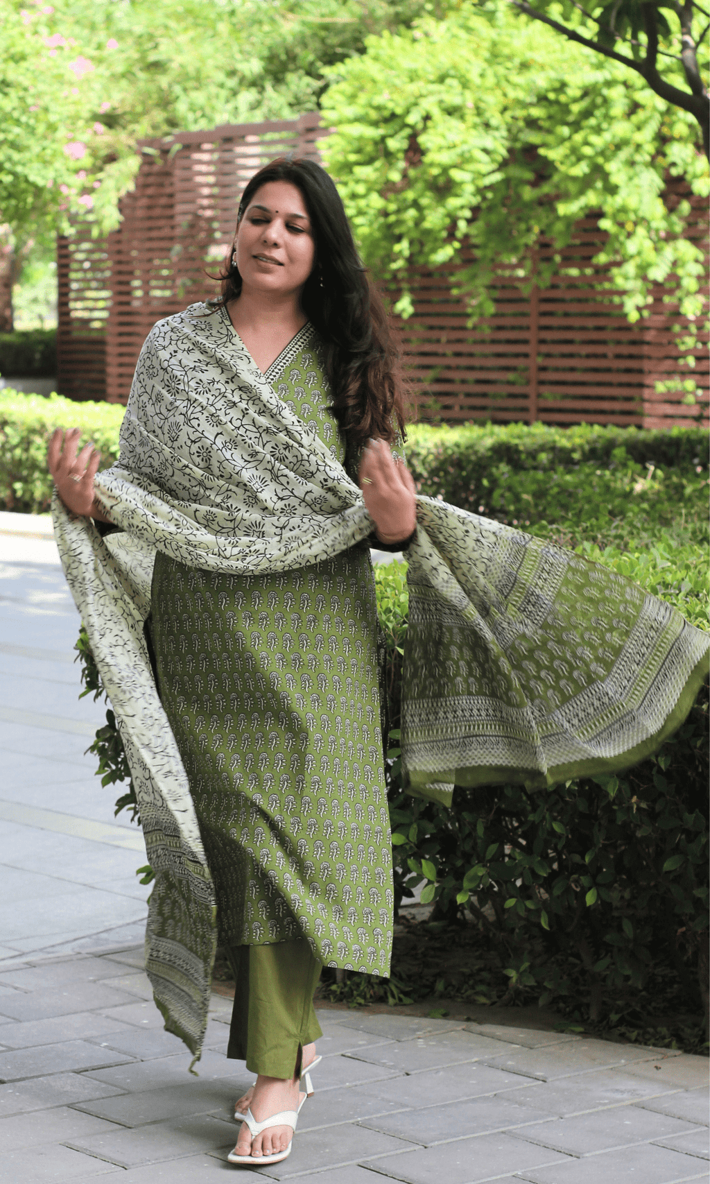 Cotton Handblock Earthy Sage Suit with Mul Printed Dupatta