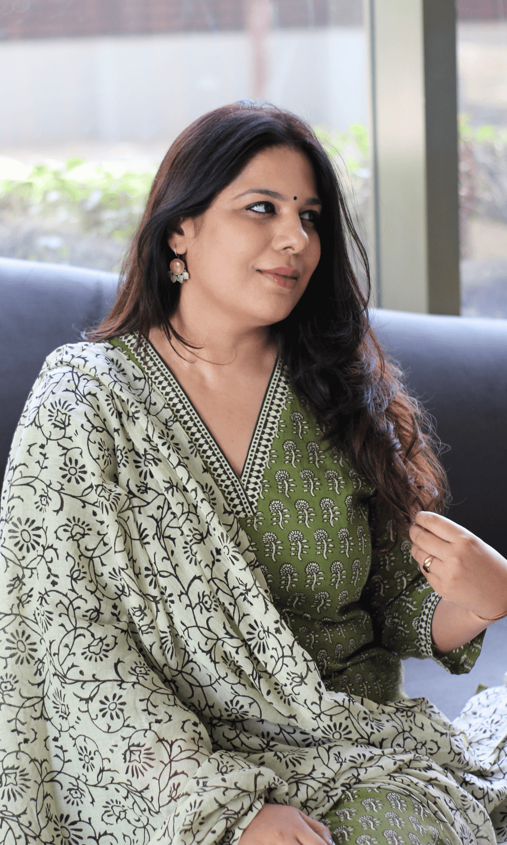 Cotton Handblock Earthy Sage Suit with Mul Printed Dupatta