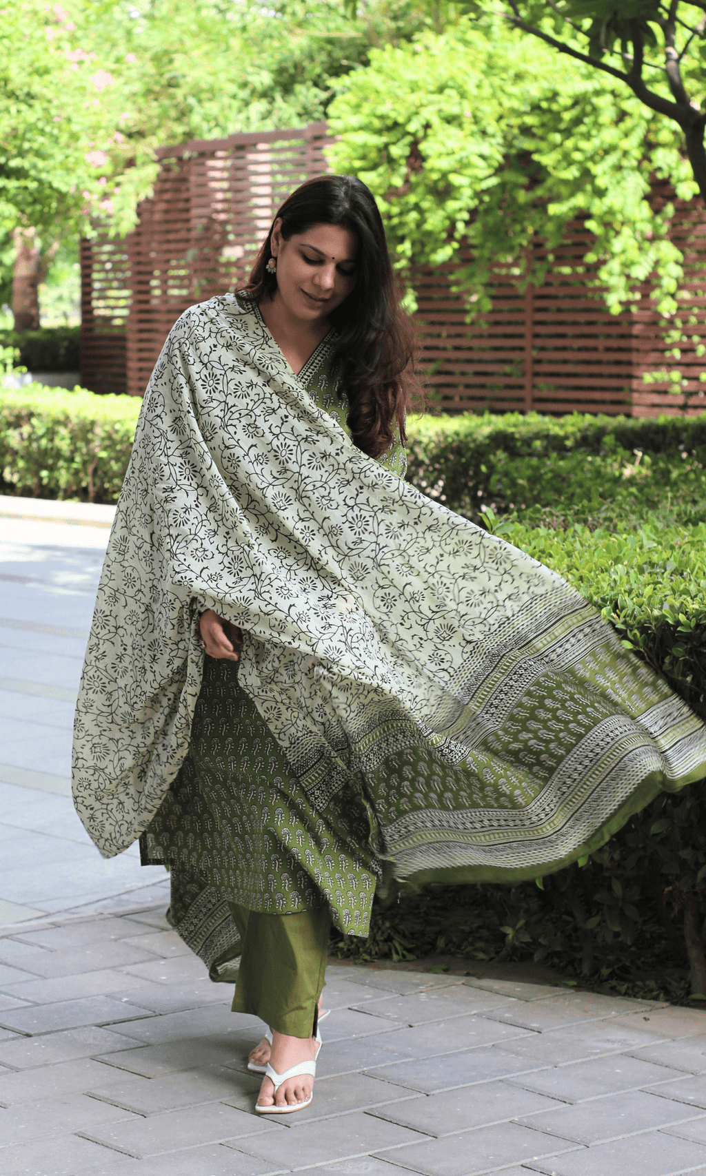 Cotton Handblock Earthy Sage Suit with Mul Printed Dupatta