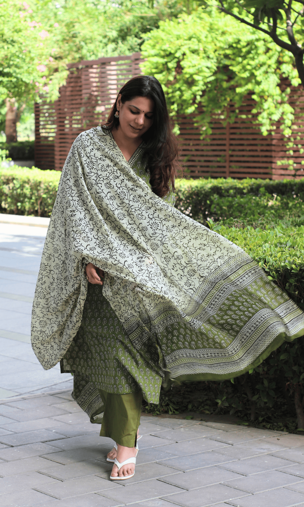 Cotton Handblock Earthy Sage Suit with Mul Printed Dupatta
