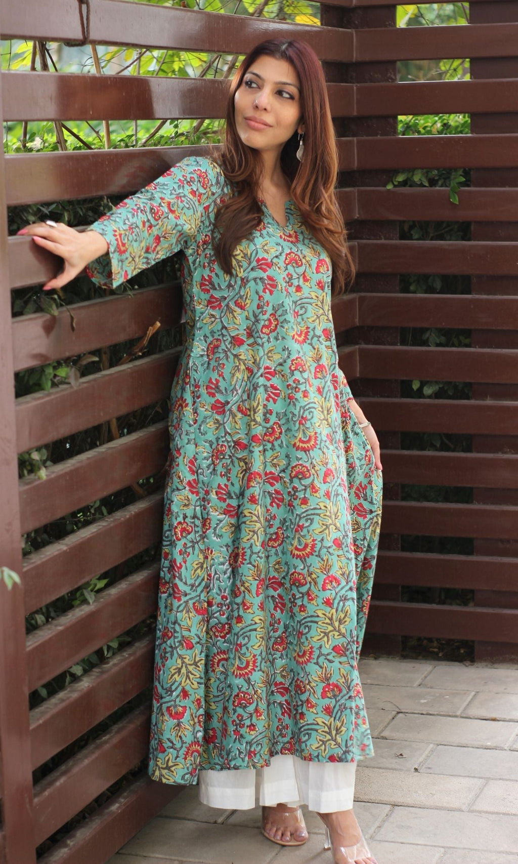 Cotton Handblock Green Kali Kurta