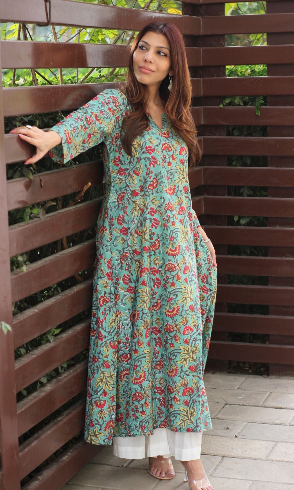 Cotton Handblock Green Kali Kurta