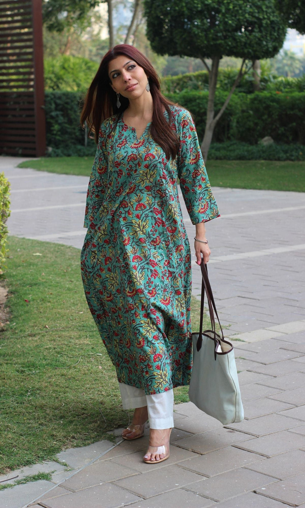 Cotton Handblock Green Kali Kurta