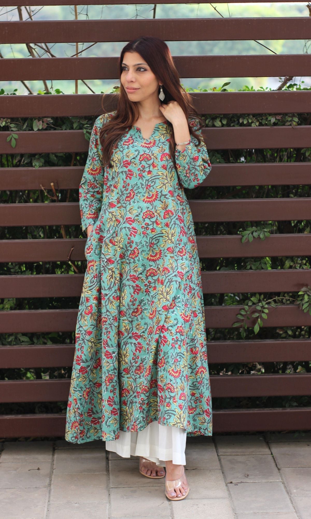 Cotton Handblock Green Kali Kurta