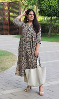 Cotton Handblock Kalamkari Beige & Blue Pleated Kurta