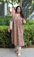 Cotton Handblock Kalamkari Beige & Red Pleated Kurta