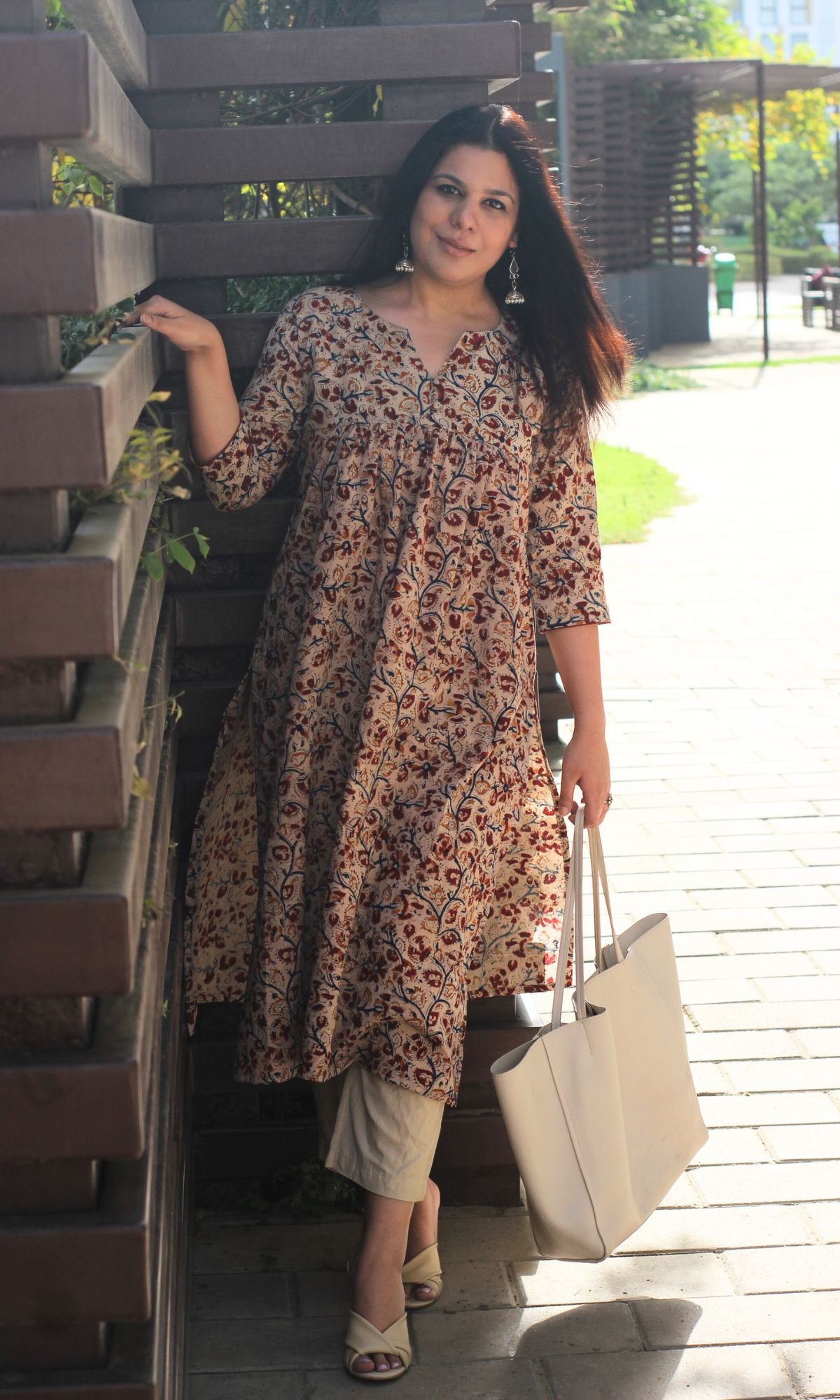 Cotton Handblock Kalamkari Beige & Red Pleated Kurta