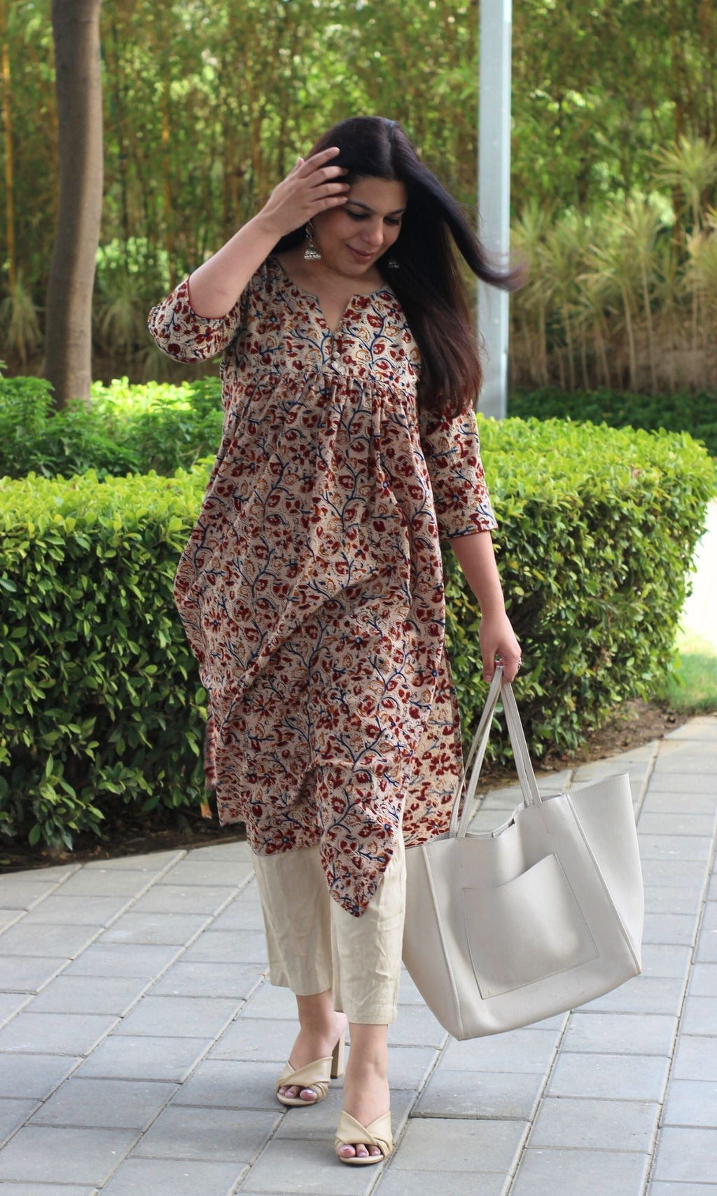 Cotton Handblock Kalamkari Beige & Red Pleated Kurta