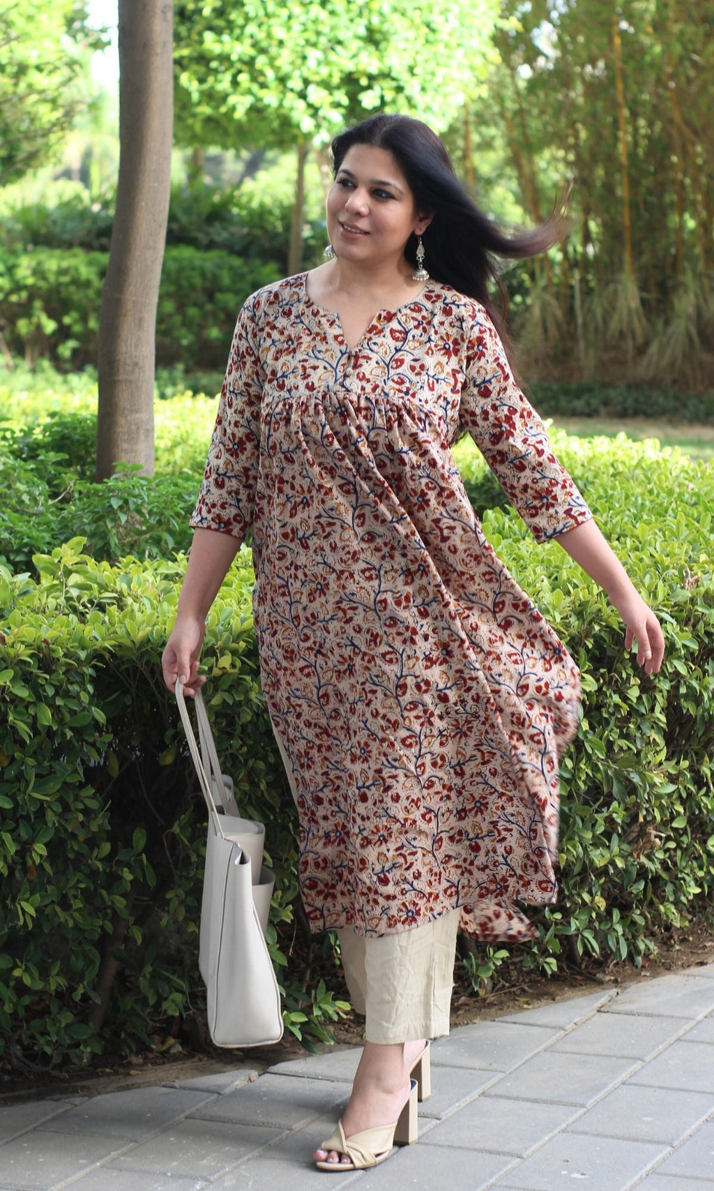 Cotton Handblock Kalamkari Beige & Red Pleated Kurta