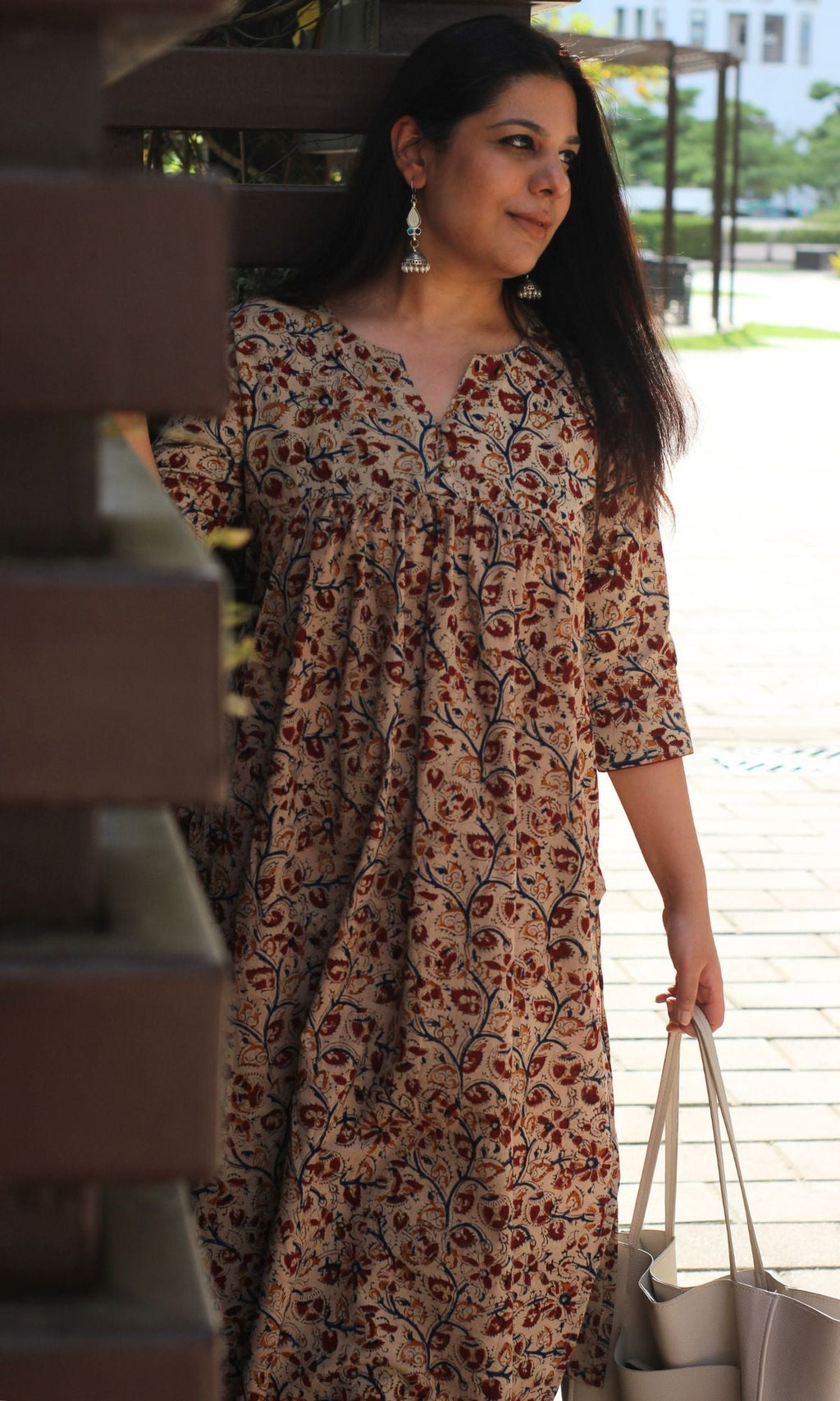 Cotton Handblock Kalamkari Beige & Red Pleated Kurta
