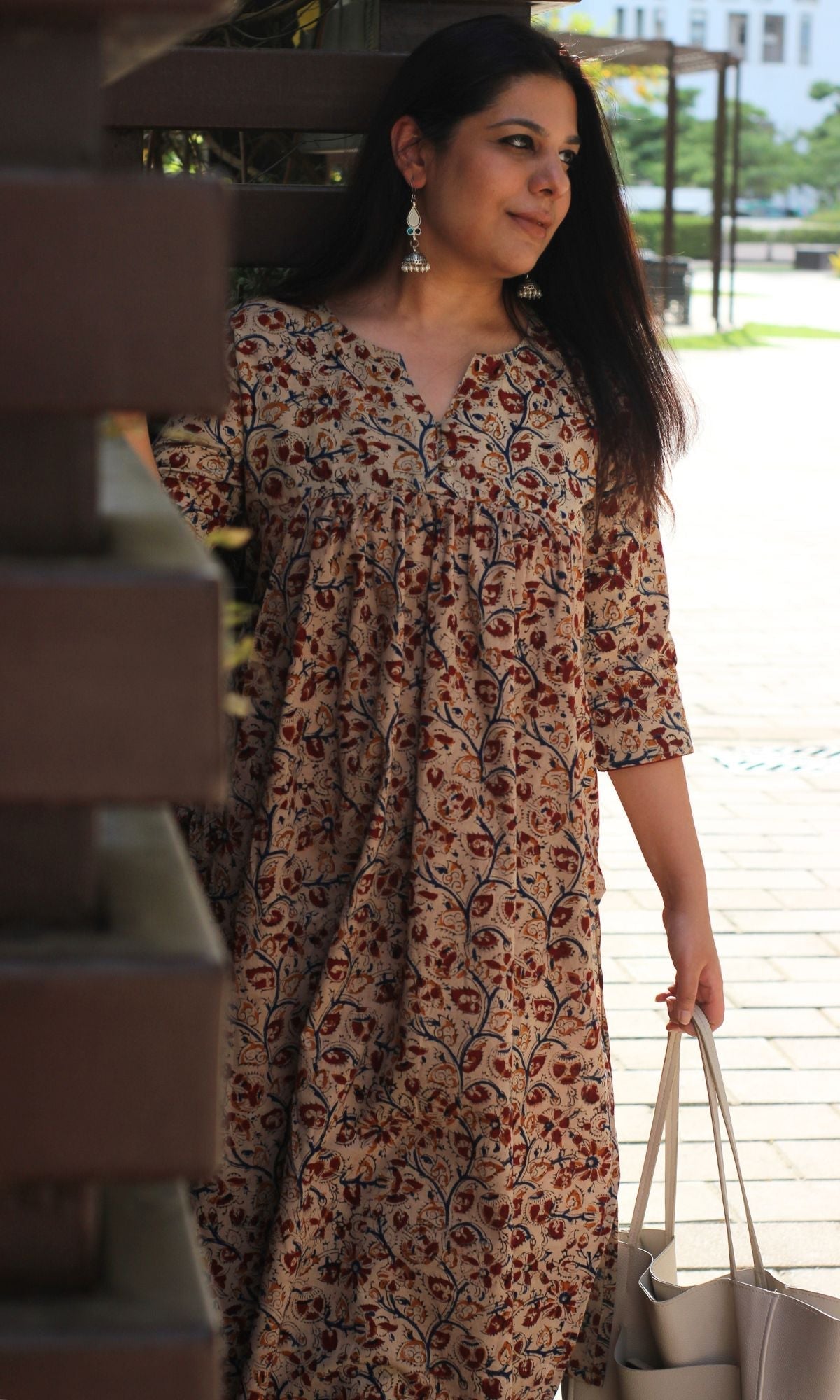 Cotton Handblock Kalamkari Beige & Red Pleated Kurta
