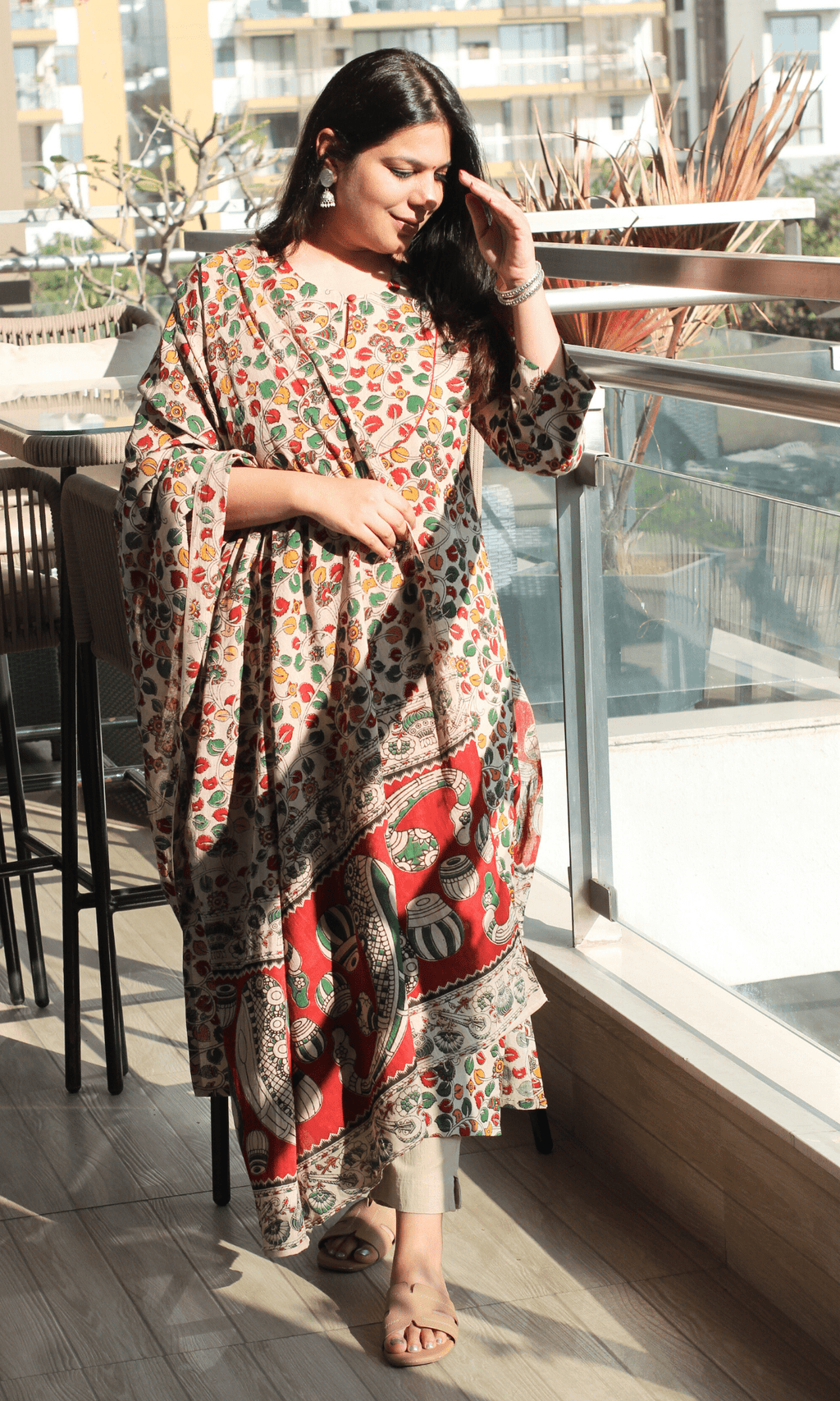 Cotton Handblock Kalamkari Beige & Red Story Kurta & Dupatta
