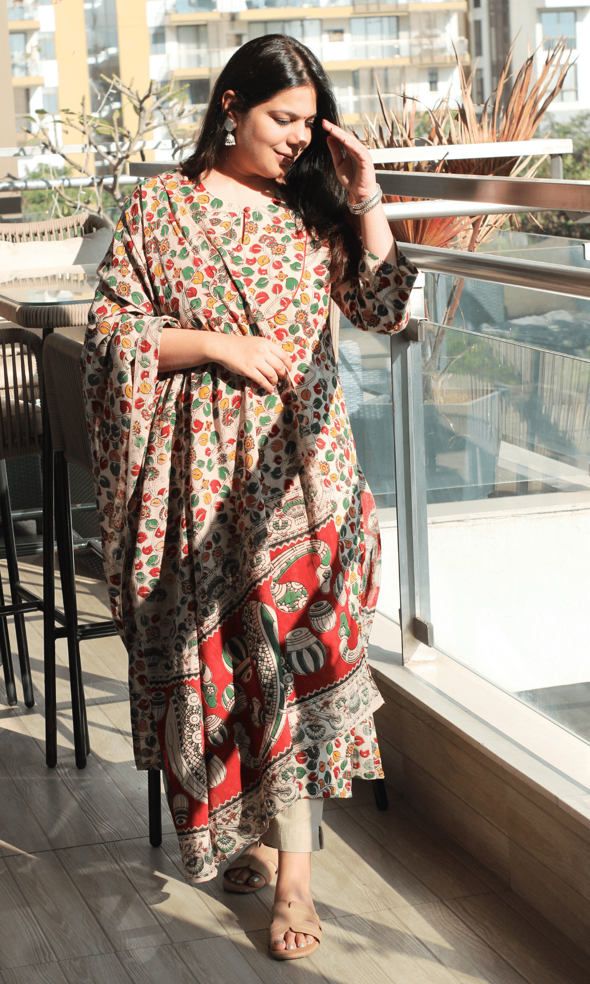Cotton Handblock Kalamkari Beige & Red Story Kurta & Dupatta