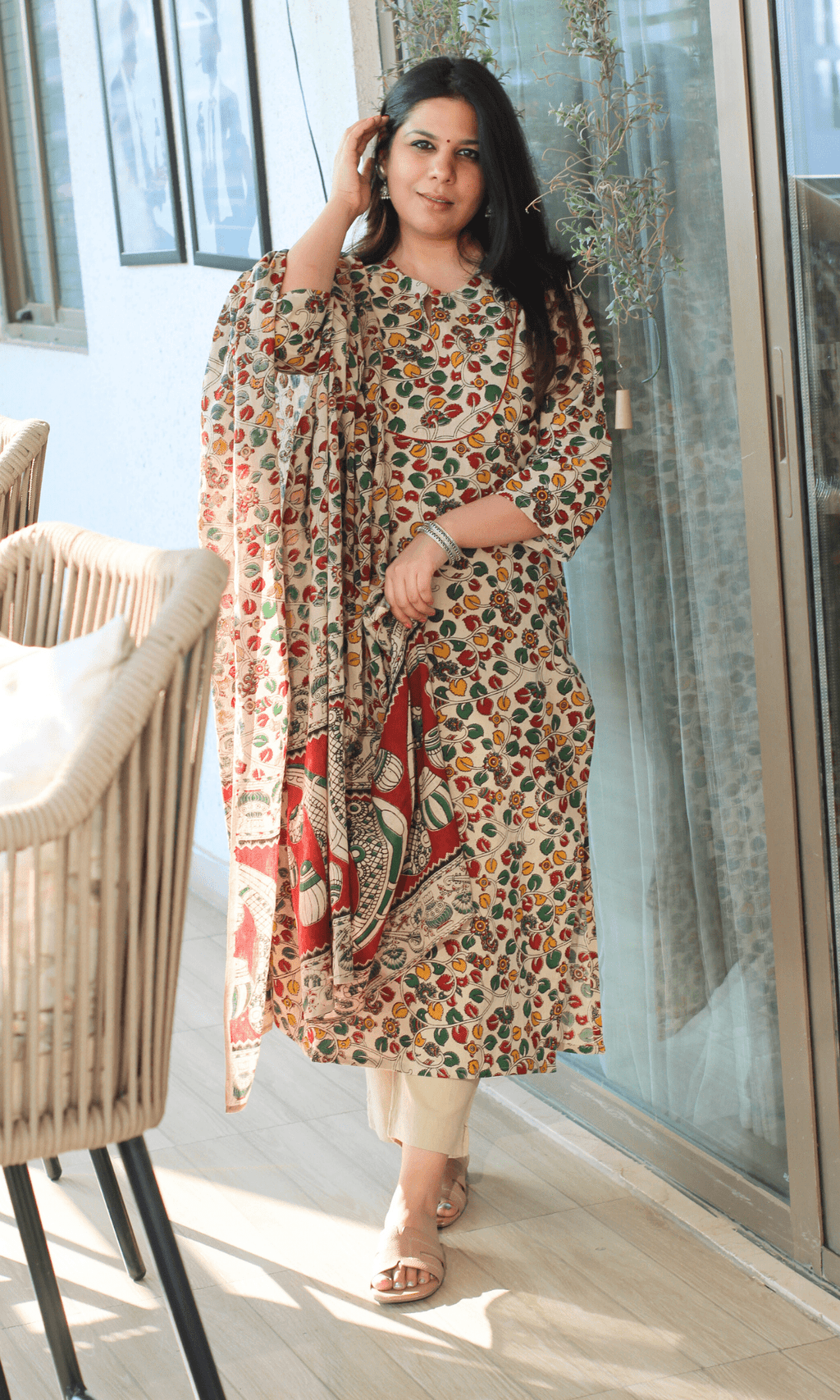Cotton Handblock Kalamkari Beige & Red Story Kurta & Dupatta