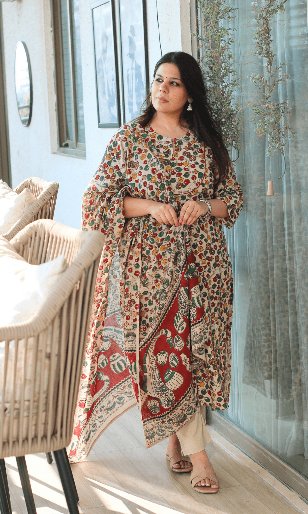 Cotton Handblock Kalamkari Beige & Red Story Kurta & Dupatta