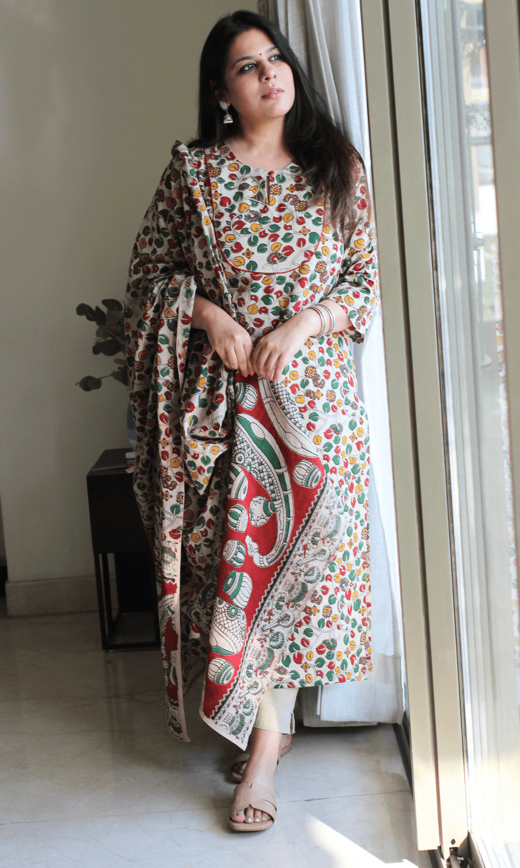 Cotton Handblock Kalamkari Beige & Red Story Kurta & Dupatta