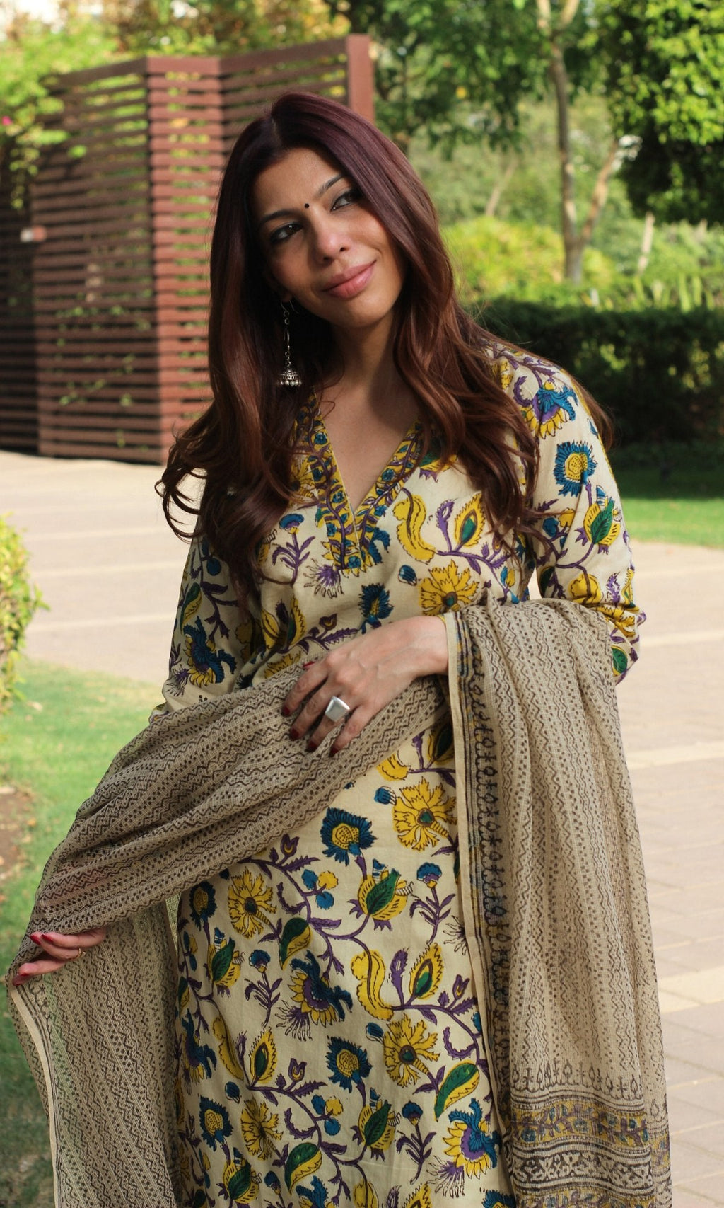 Cotton Handblock Kalamkari Beige Suit with Kota Doria Printed Dupatta