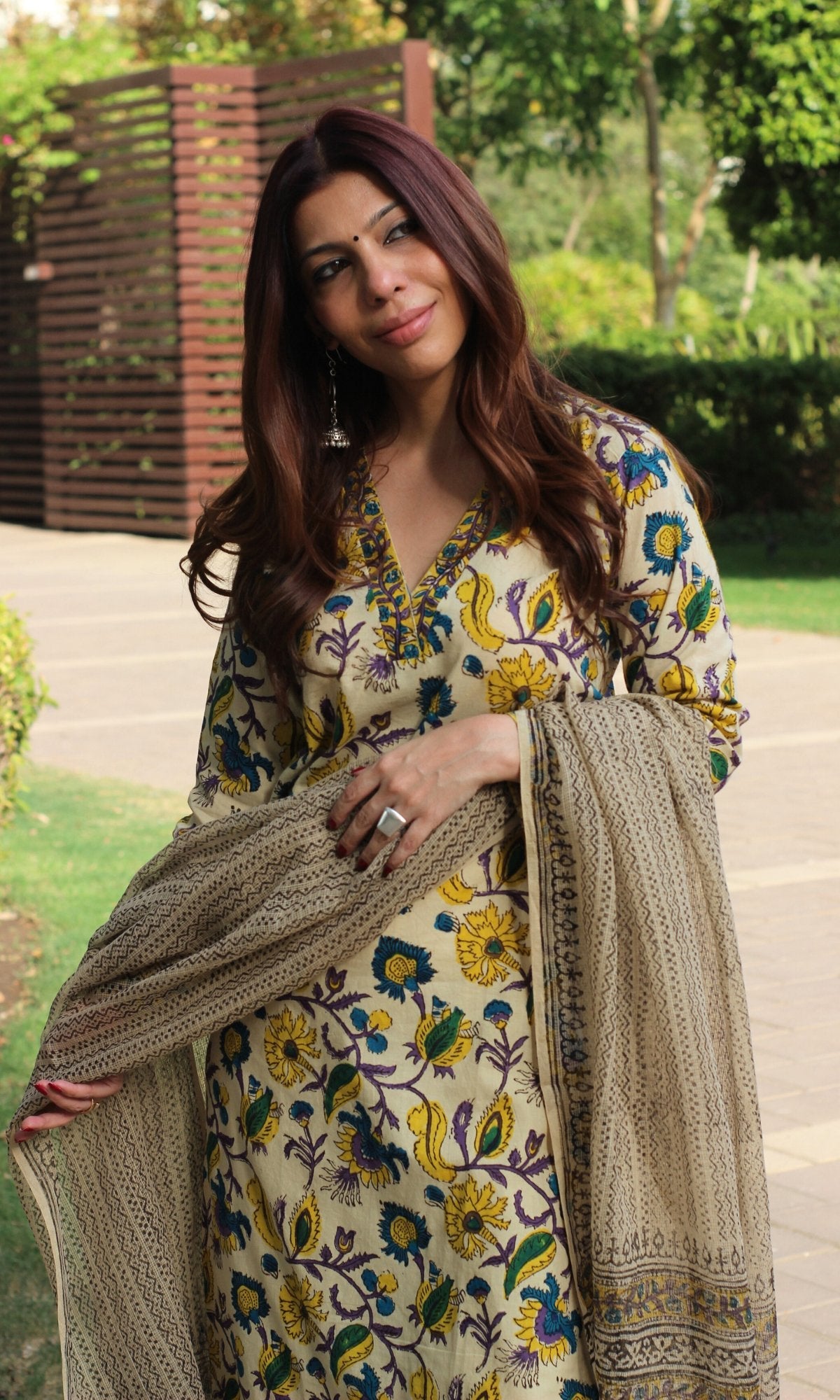 Cotton Handblock Kalamkari Beige Suit with Kota Doria Printed Dupatta