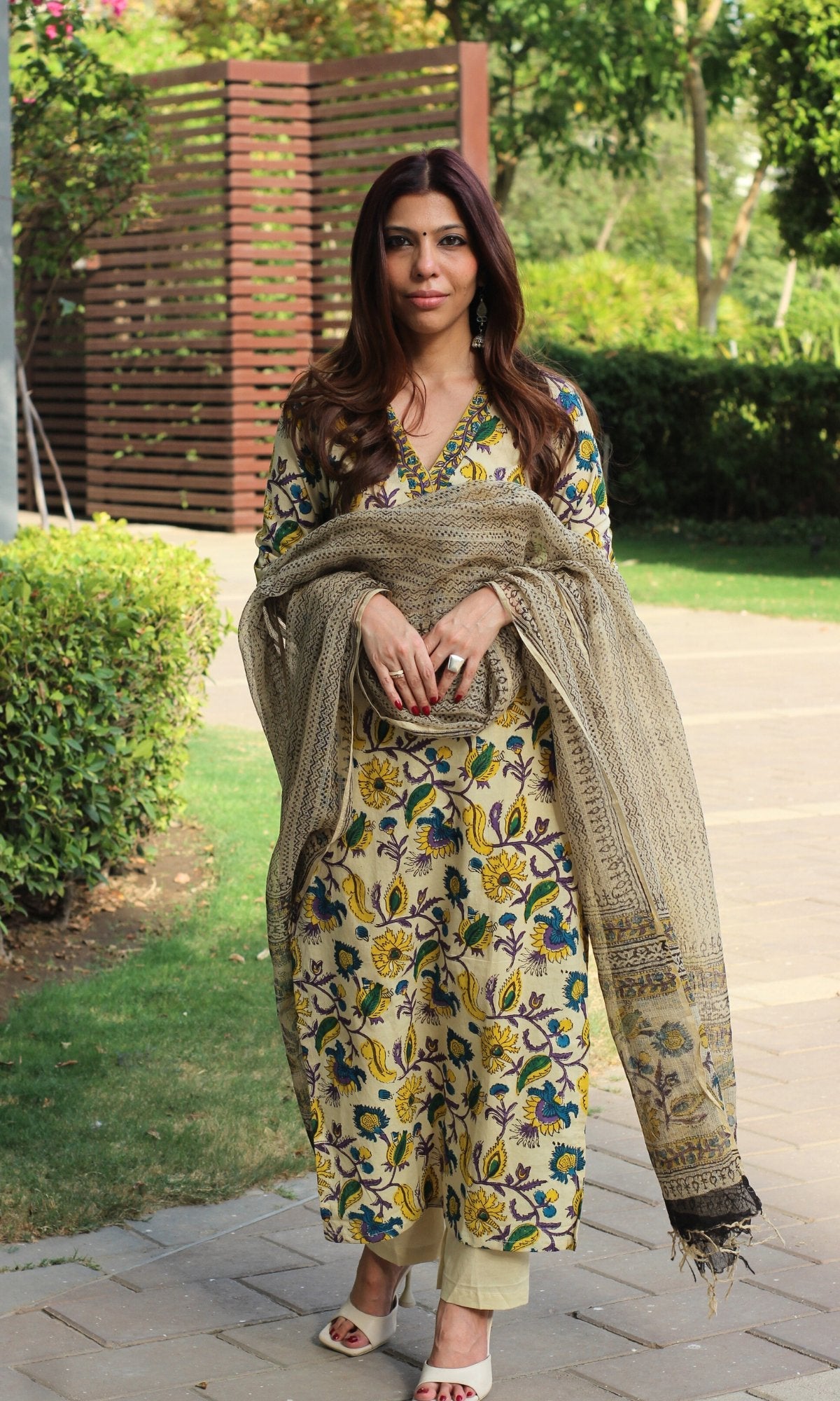 Cotton Handblock Kalamkari Beige Suit with Kota Doria Printed Dupatta